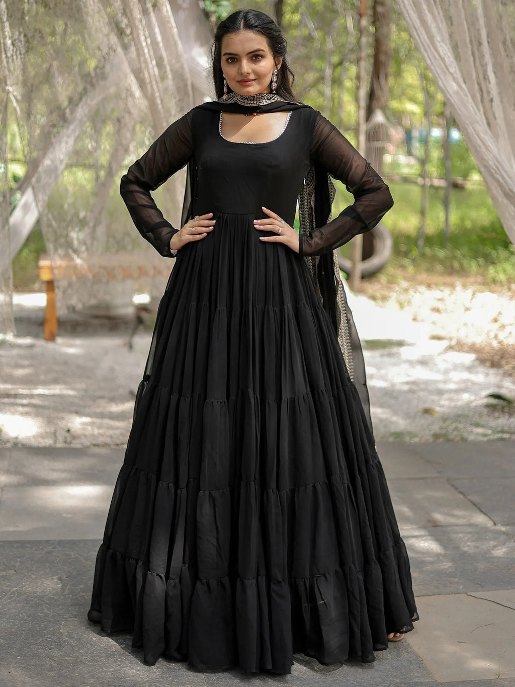 Black Stunning Georgette Function Wear Plain Gown With Dupatta