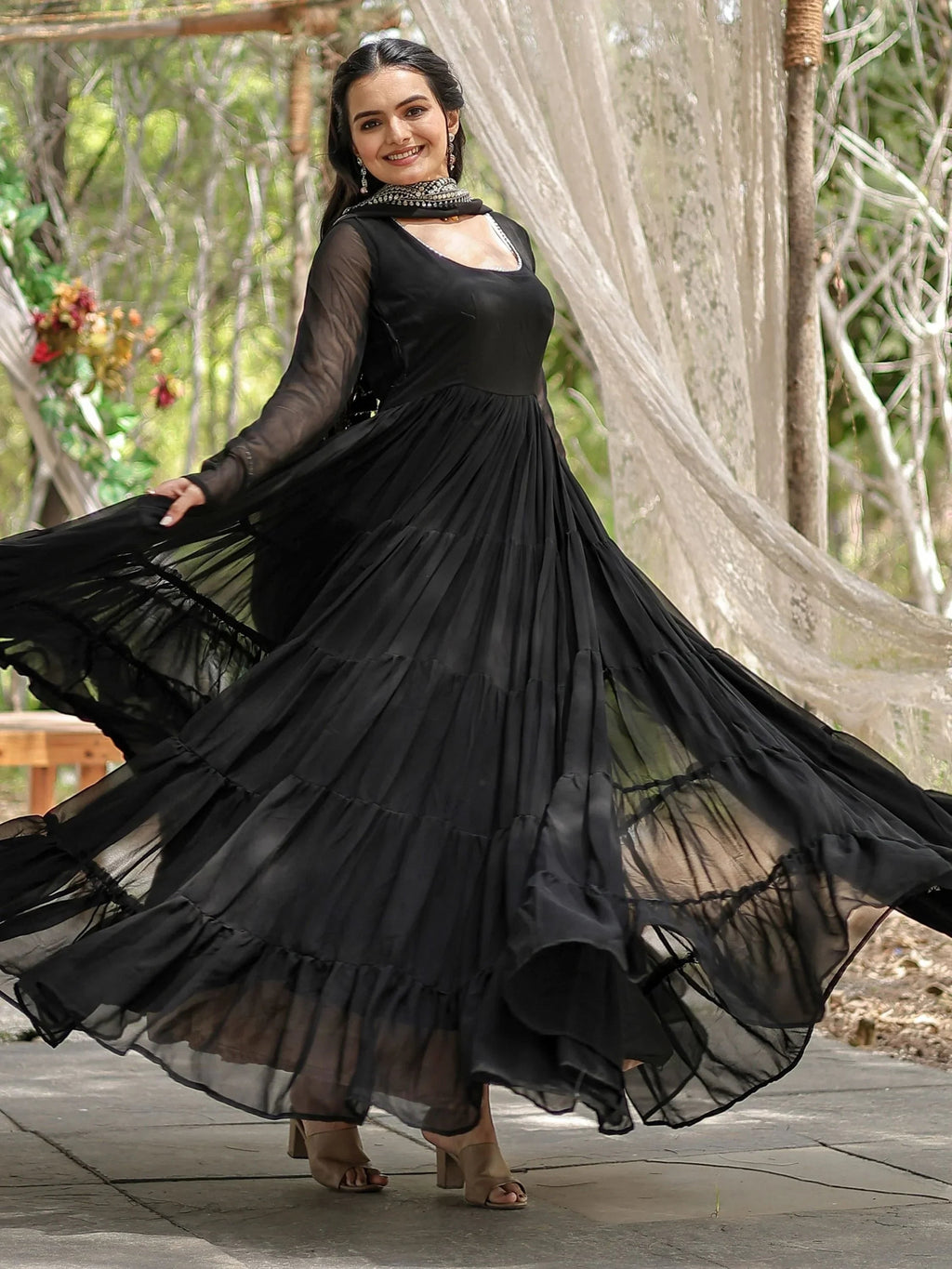 Black Stunning Georgette Function Wear Plain Gown With Dupatta
