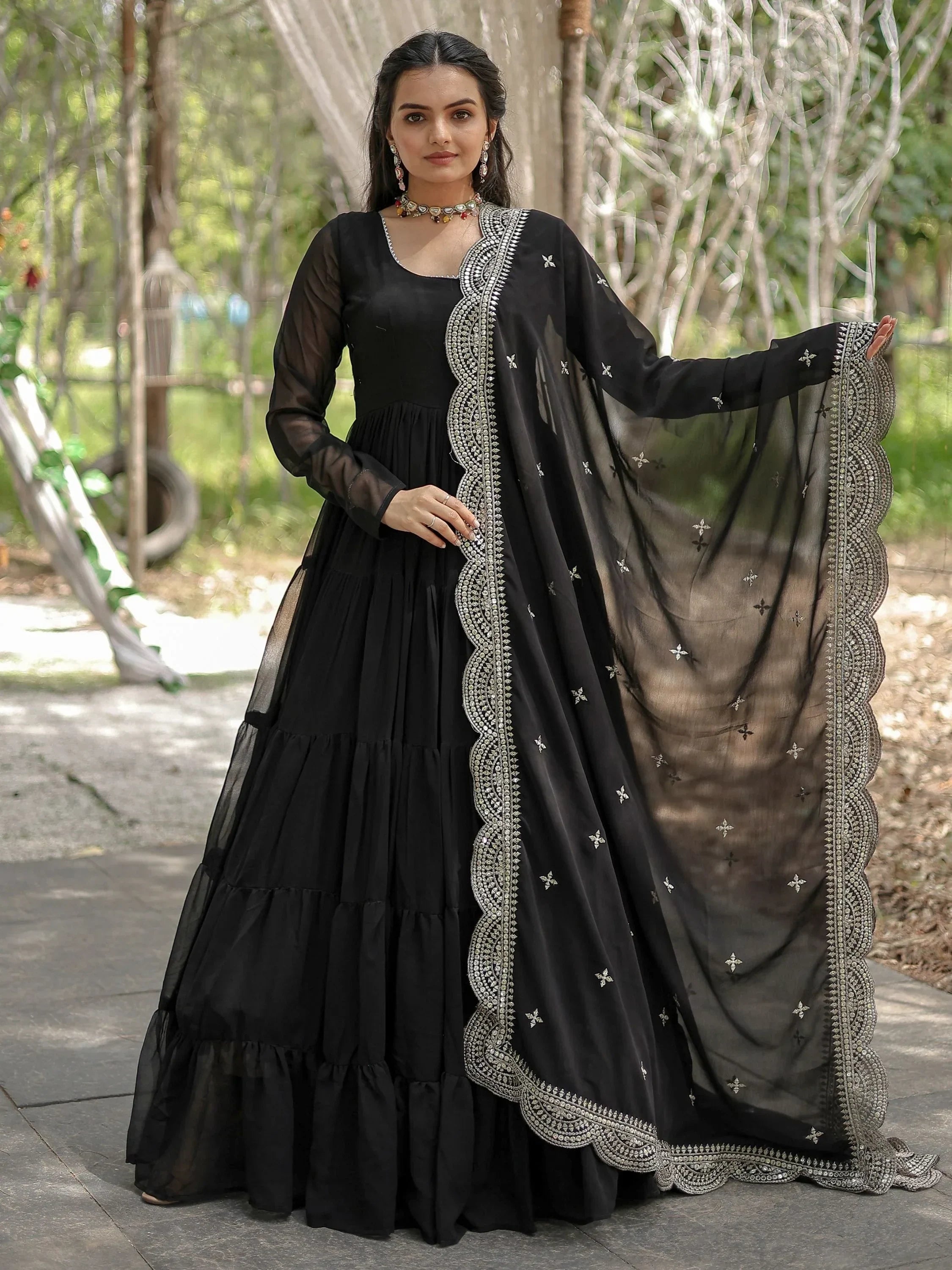 Black Stunning Georgette Function Wear Plain Gown With Dupatta