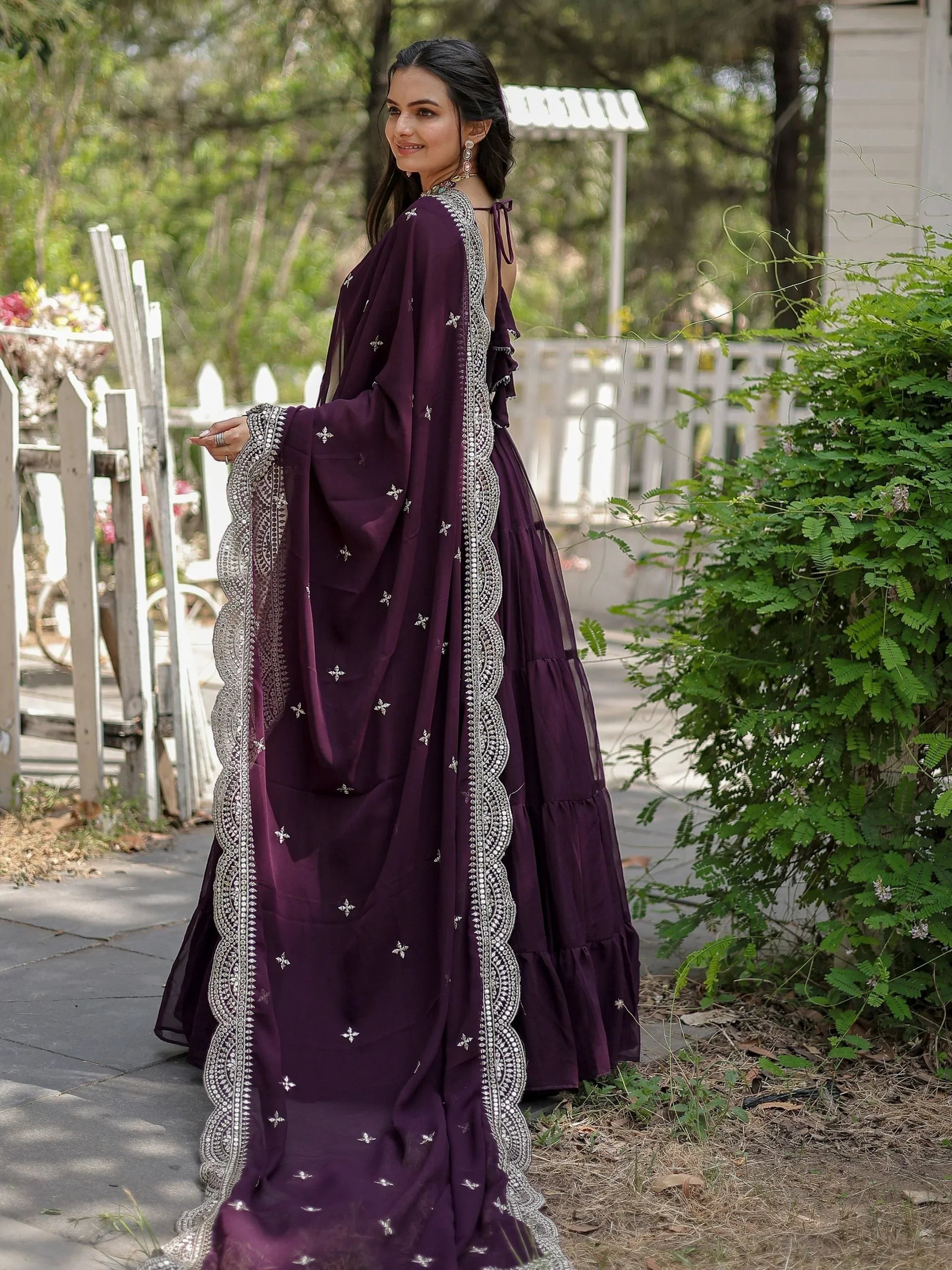 Wine Stunning Georgette Function Wear Plain Gown With Dupatta
