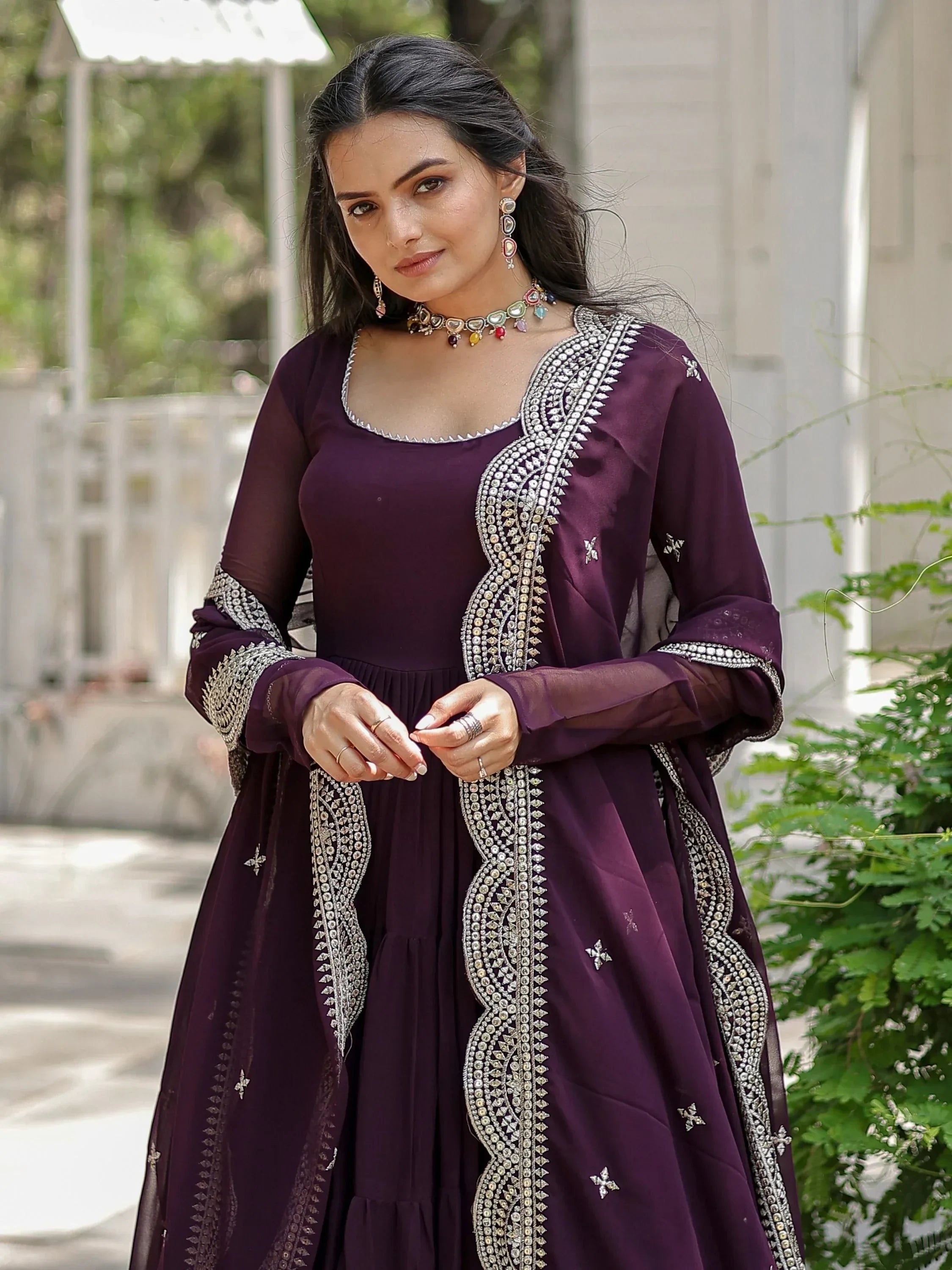 Wine Stunning Georgette Function Wear Plain Gown With Dupatta