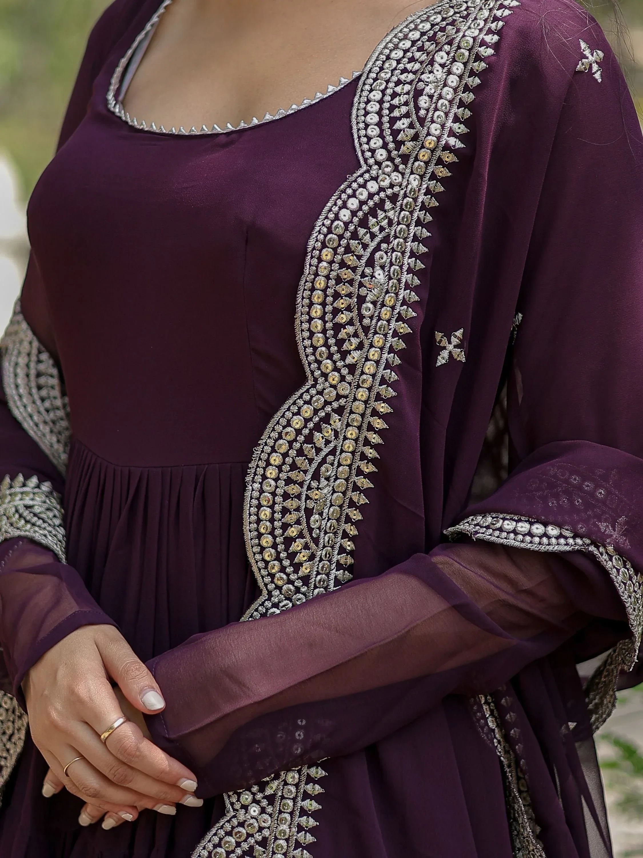 Wine Stunning Georgette Function Wear Plain Gown With Dupatta
