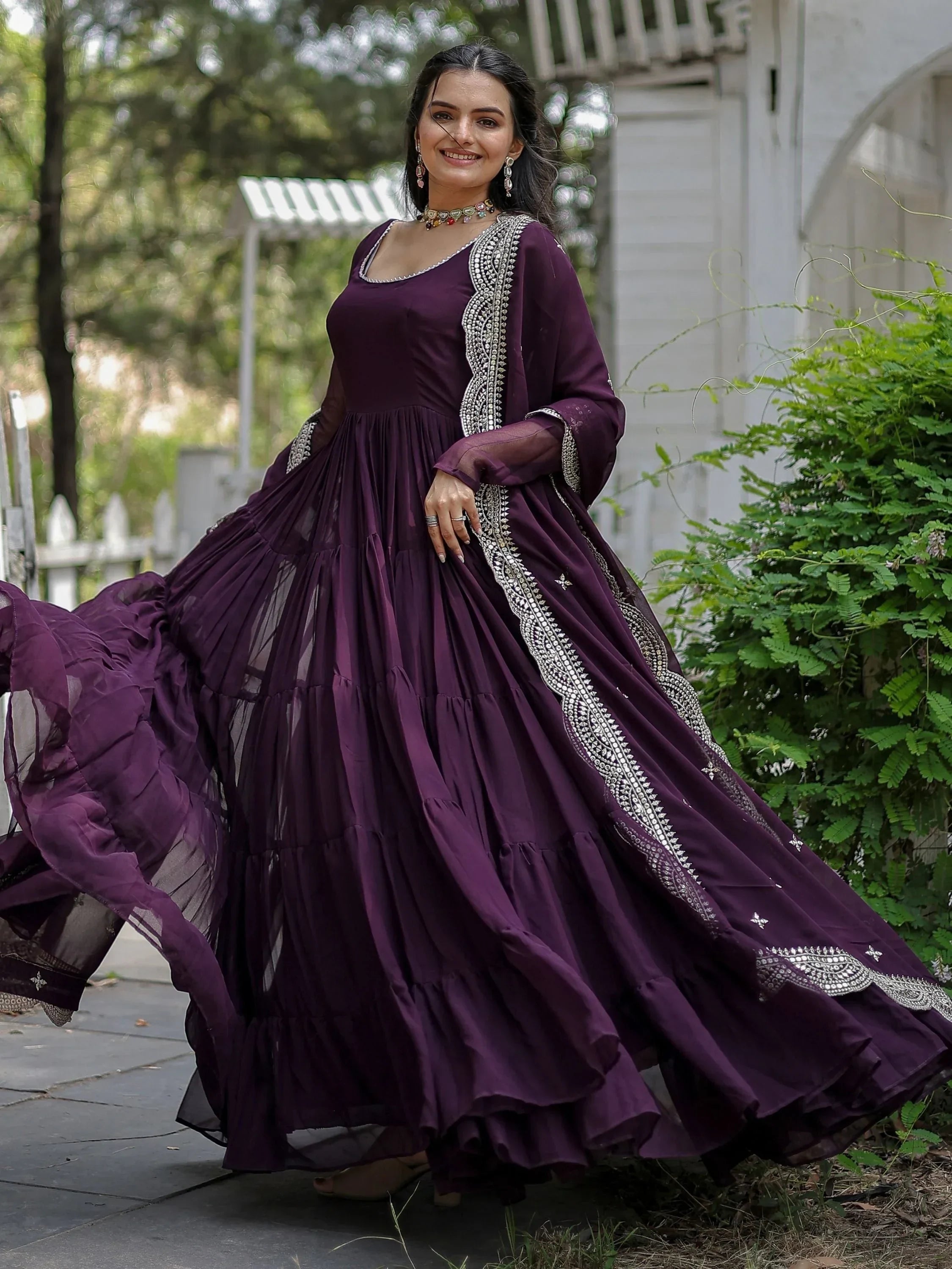 Wine Stunning Georgette Function Wear Plain Gown With Dupatta
