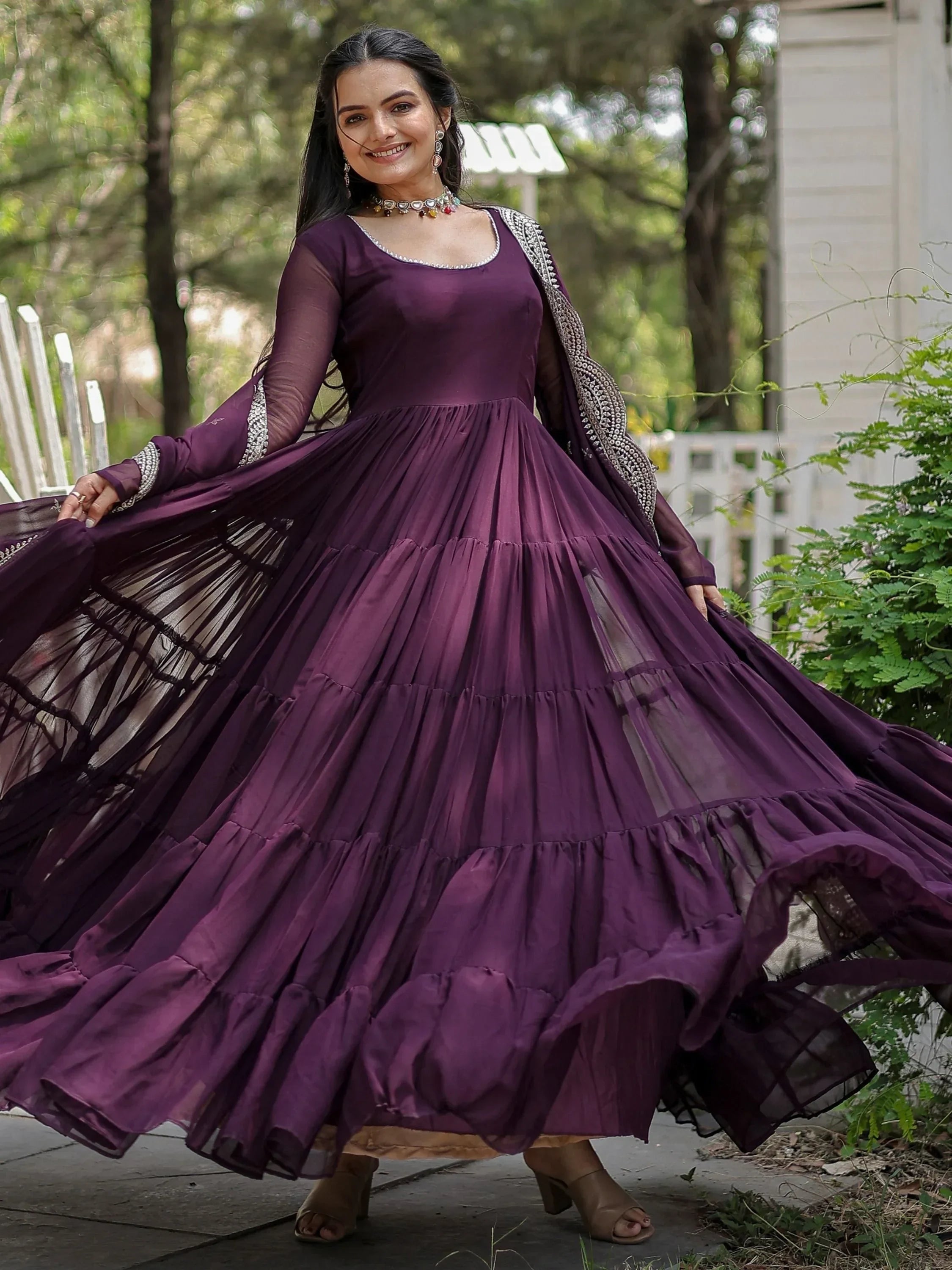 Wine Stunning Georgette Function Wear Plain Gown With Dupatta