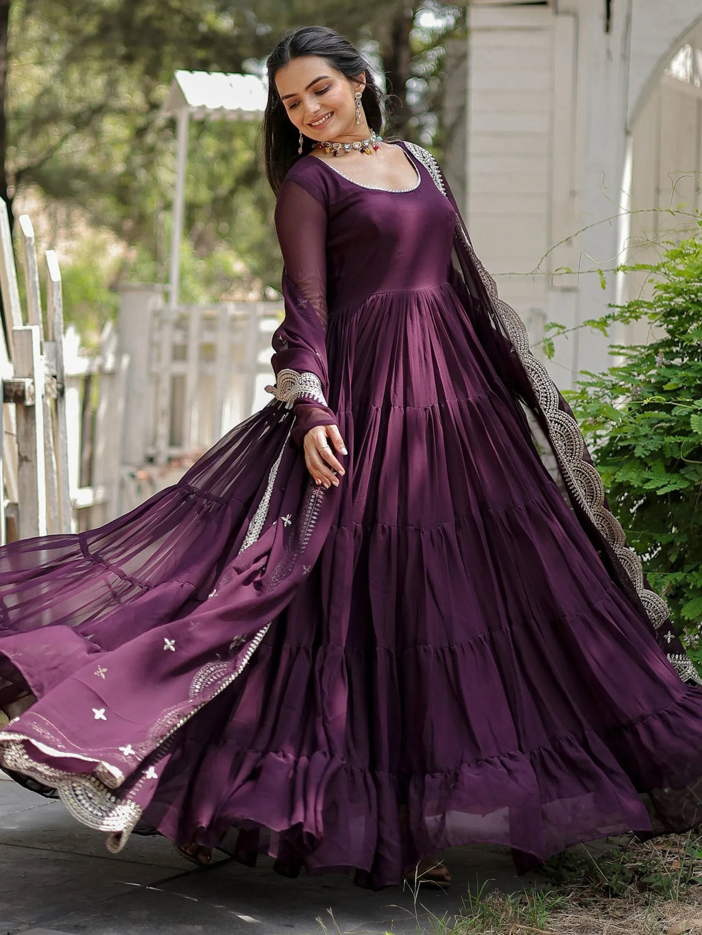 Wine Stunning Georgette Function Wear Plain Gown With Dupatta