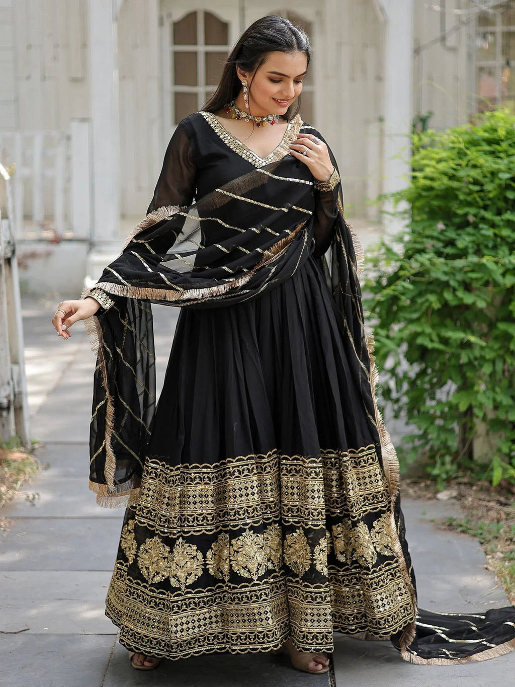 Black Beautiful Sequins Georgette Reception Wear Gown With Dupatta