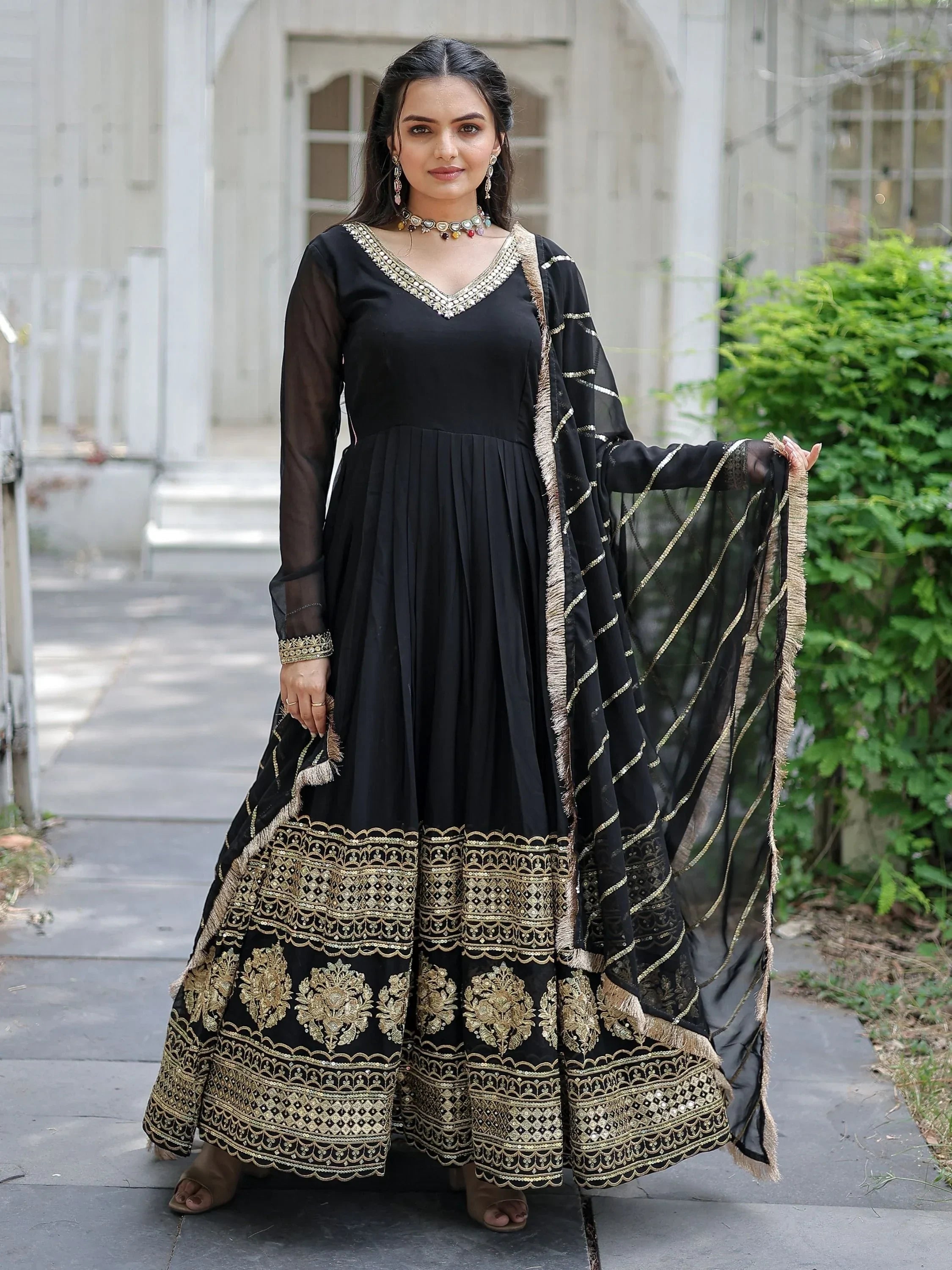Black Beautiful Sequins Georgette Reception Wear Gown With Dupatta
