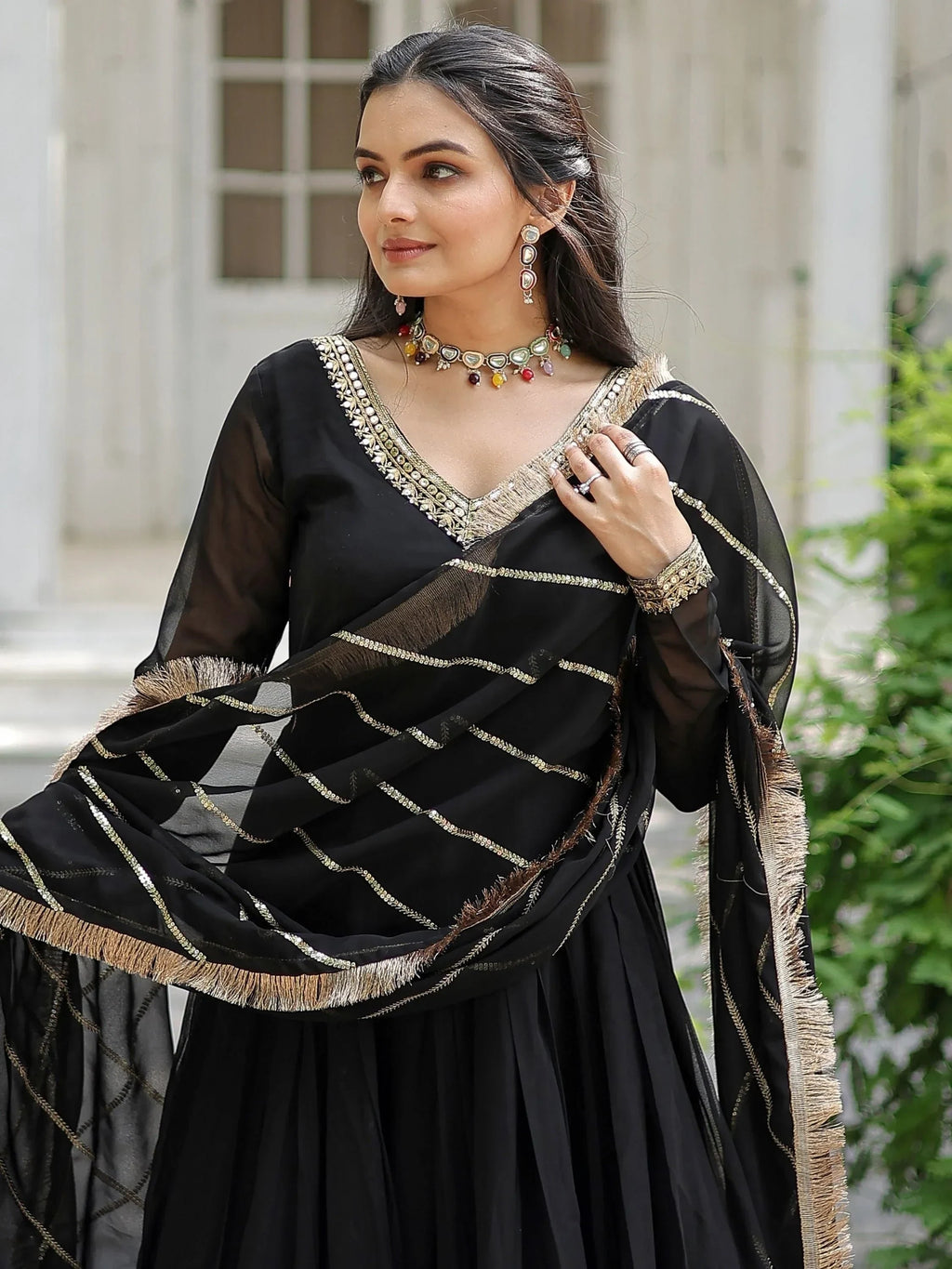 Black Beautiful Sequins Georgette Reception Wear Gown With Dupatta