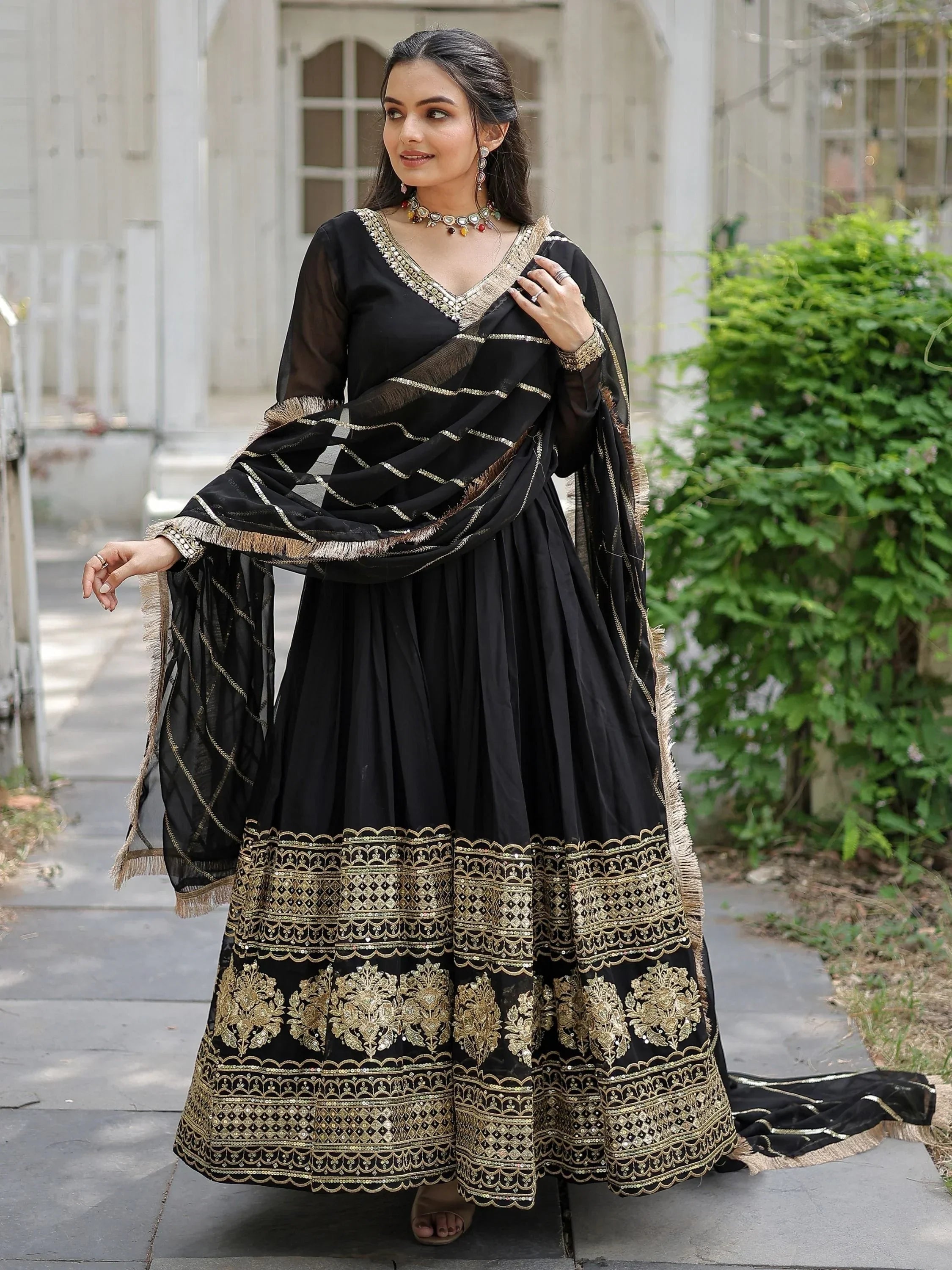 Black Beautiful Sequins Georgette Reception Wear Gown With Dupatta