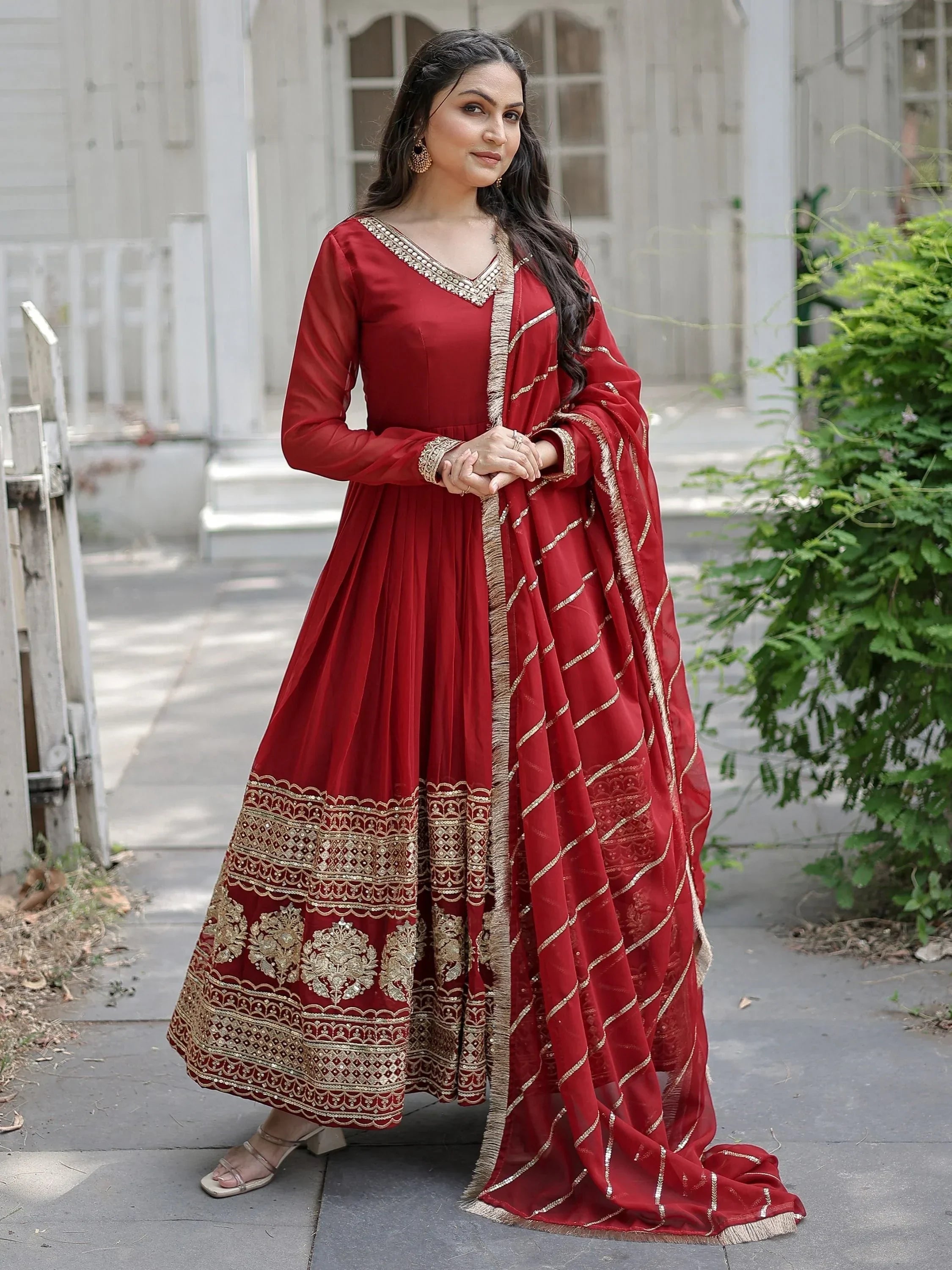 Maroon Beautiful Sequins Georgette Reception Wear Gown With Dupatta