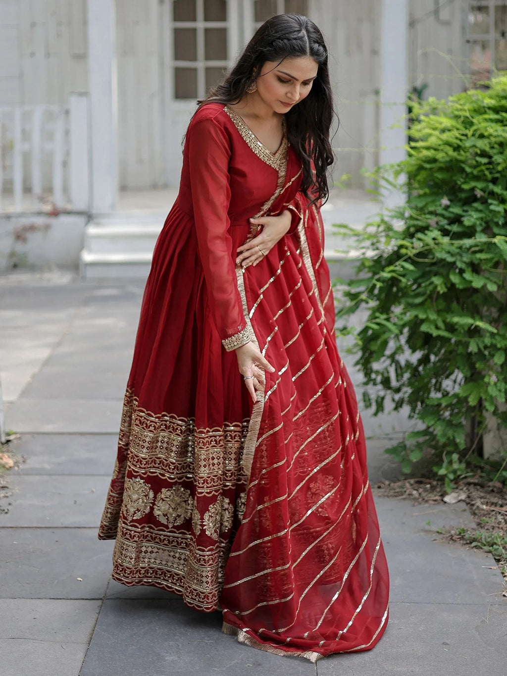 Maroon Beautiful Sequins Georgette Reception Wear Gown With Dupatta