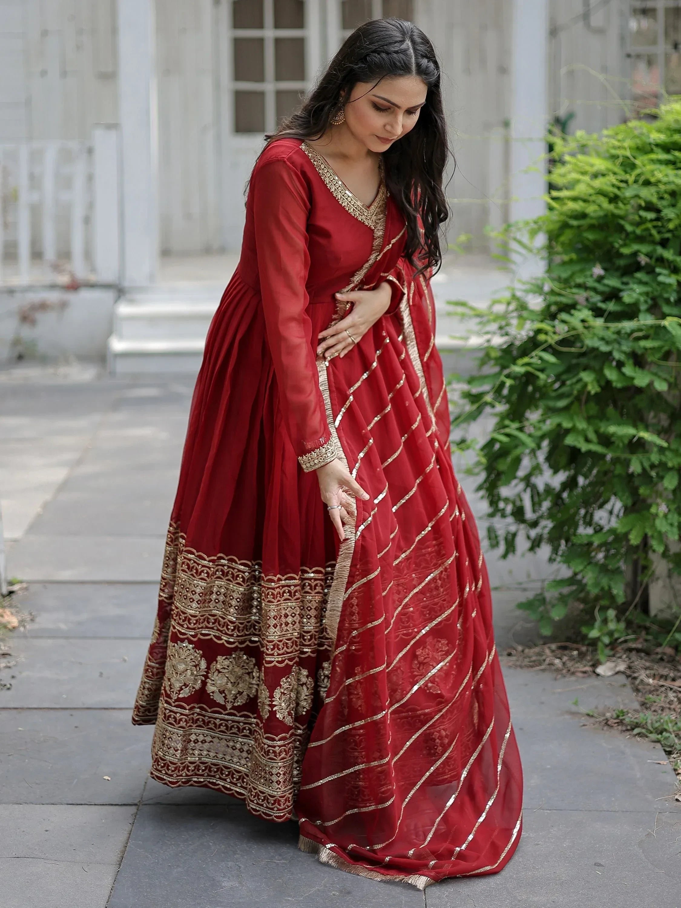 Maroon Beautiful Sequins Georgette Reception Wear Gown With Dupatta