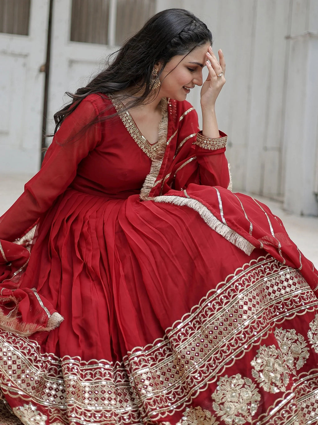 Maroon Beautiful Sequins Georgette Reception Wear Gown With Dupatta