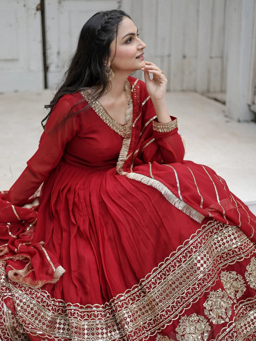 Maroon Beautiful Sequins Georgette Reception Wear Gown With Dupatta