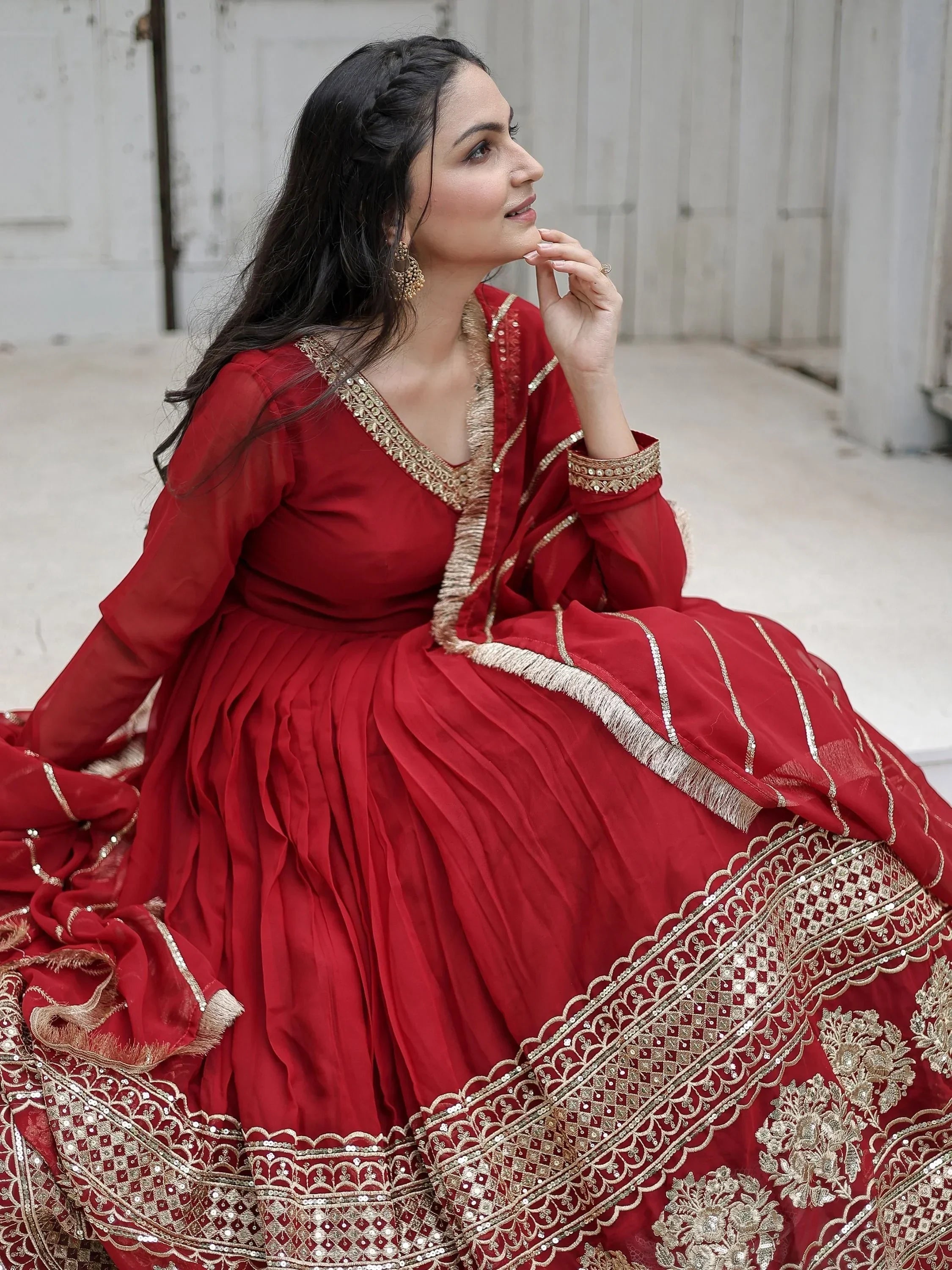 Maroon Beautiful Sequins Georgette Reception Wear Gown With Dupatta