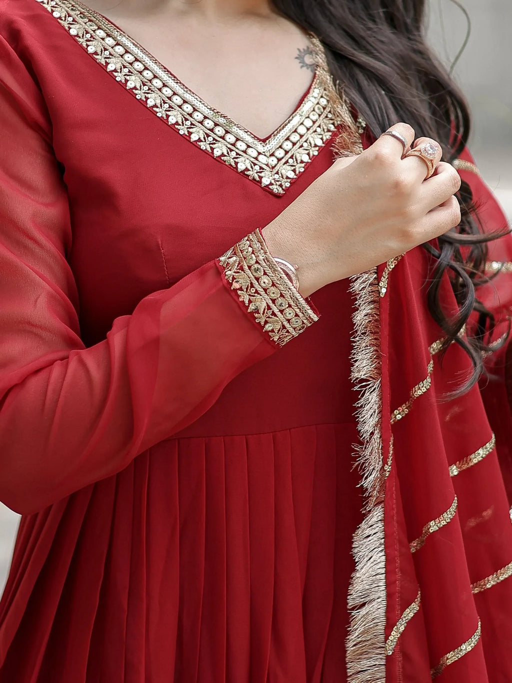 Maroon Beautiful Sequins Georgette Reception Wear Gown With Dupatta
