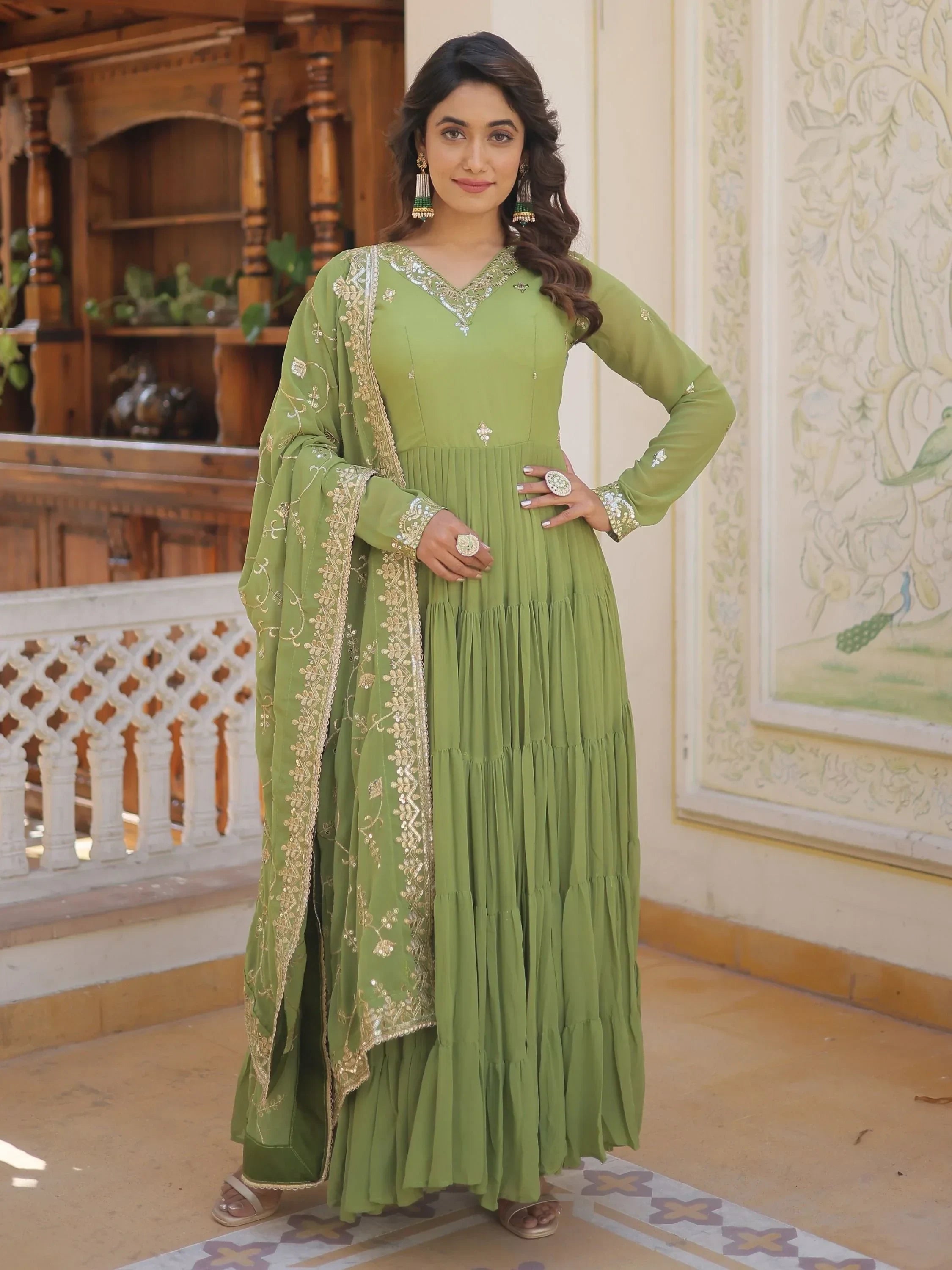 Light Green Gorgeous Light Embroidered Georgette Mehendi Wear Gown