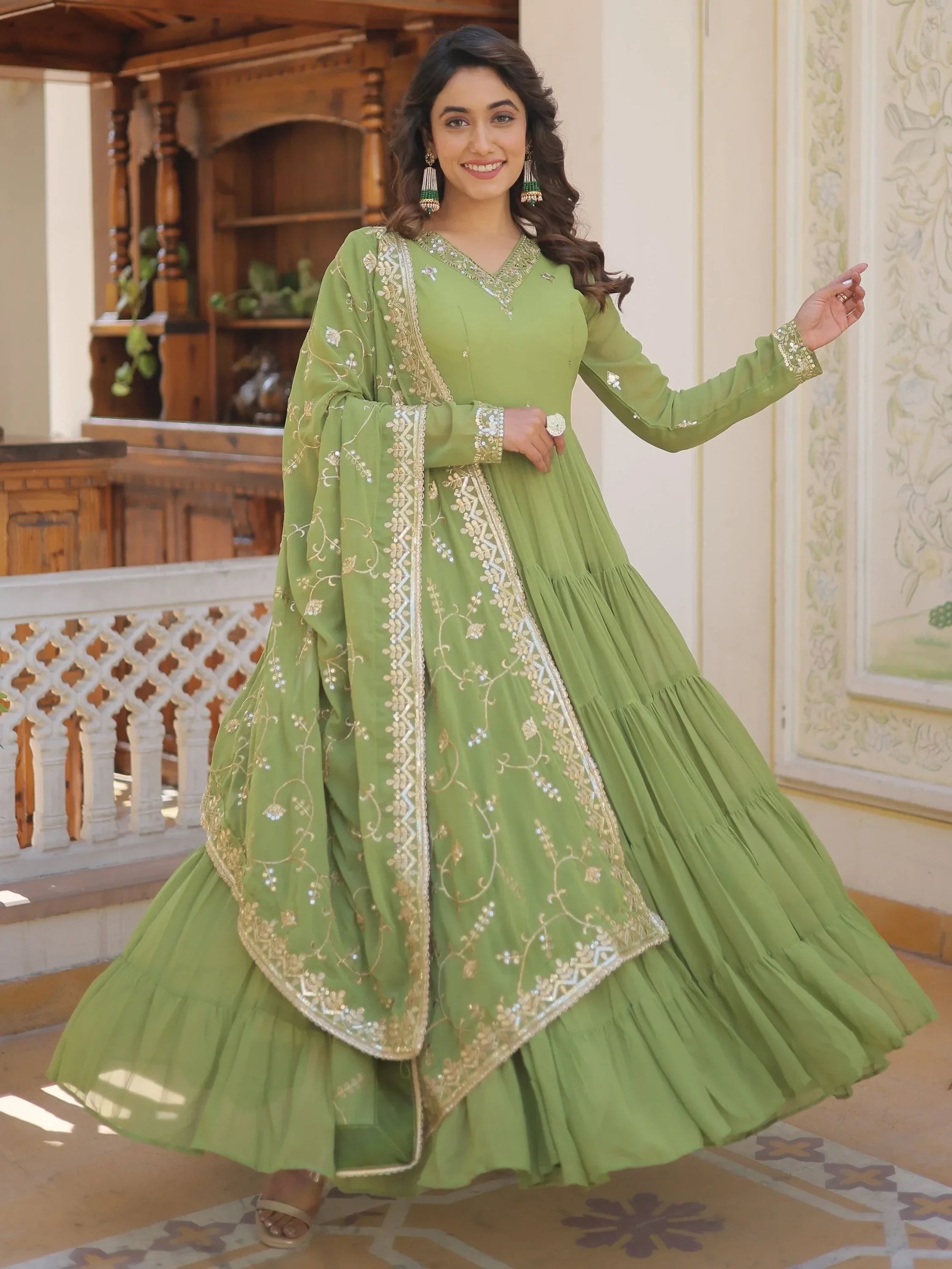 Light Green Gorgeous Light Embroidered Georgette Mehendi Wear Gown