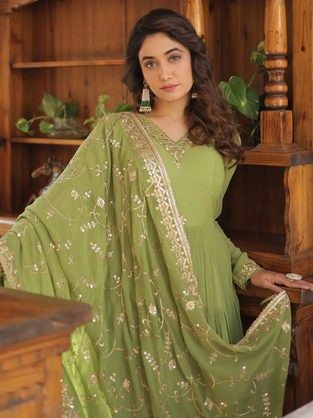 Light Green Gorgeous Light Embroidered Georgette Mehendi Wear Gown