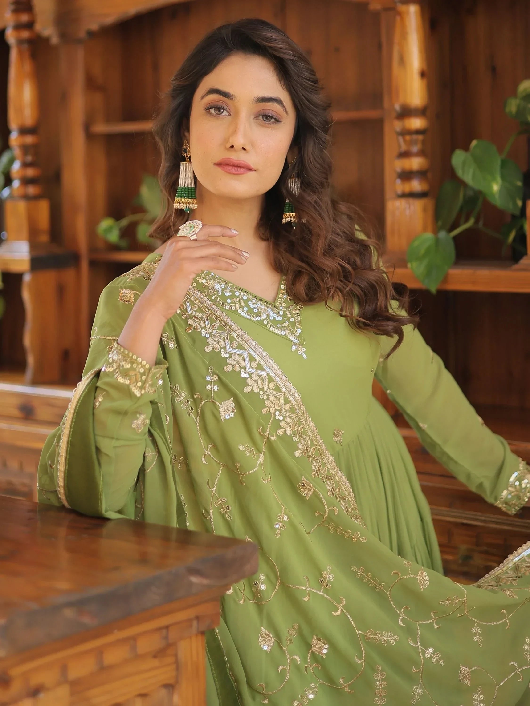 Light Green Gorgeous Light Embroidered Georgette Mehendi Wear Gown