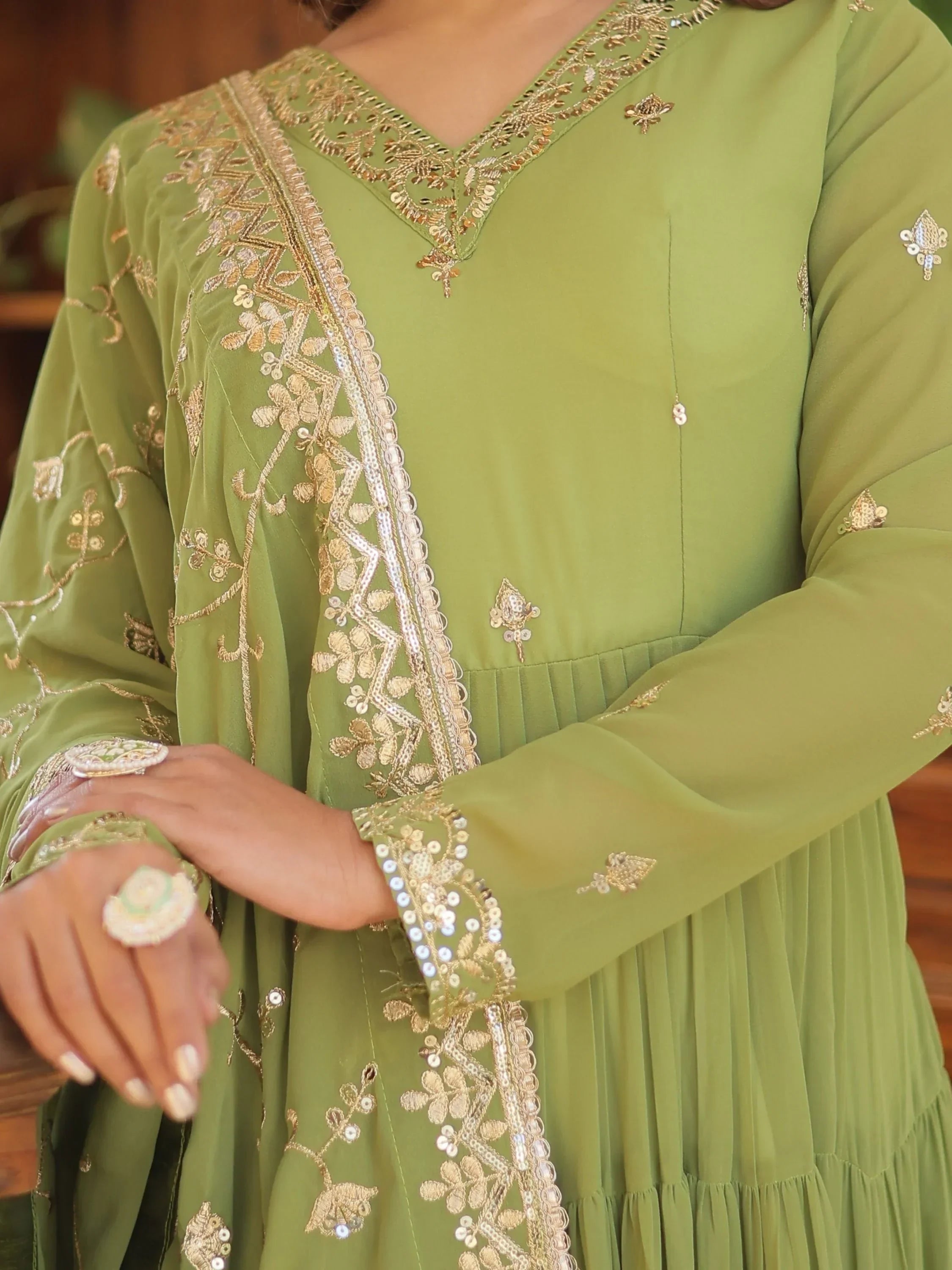 Light Green Gorgeous Light Embroidered Georgette Mehendi Wear Gown