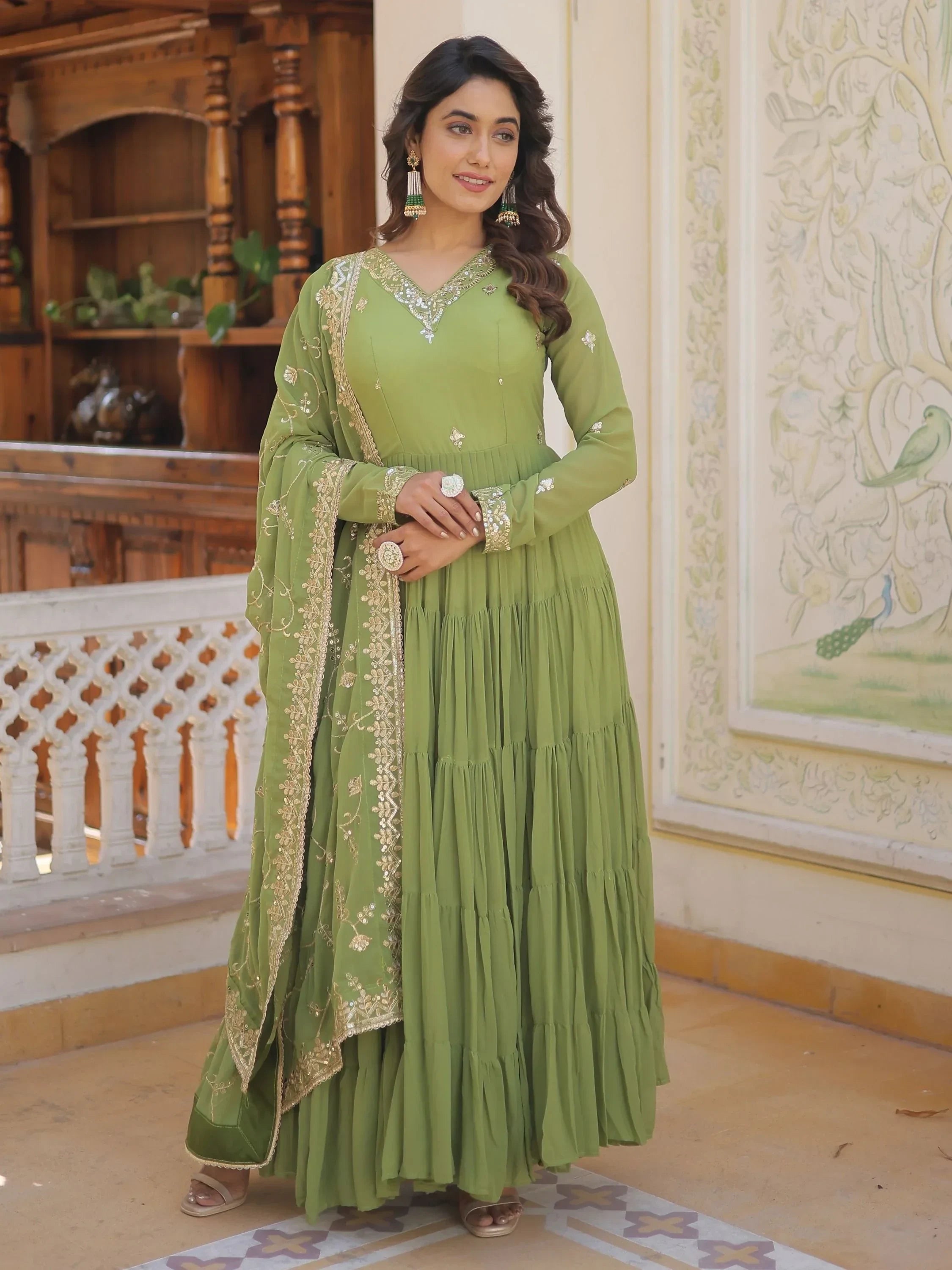 Light Green Gorgeous Light Embroidered Georgette Mehendi Wear Gown