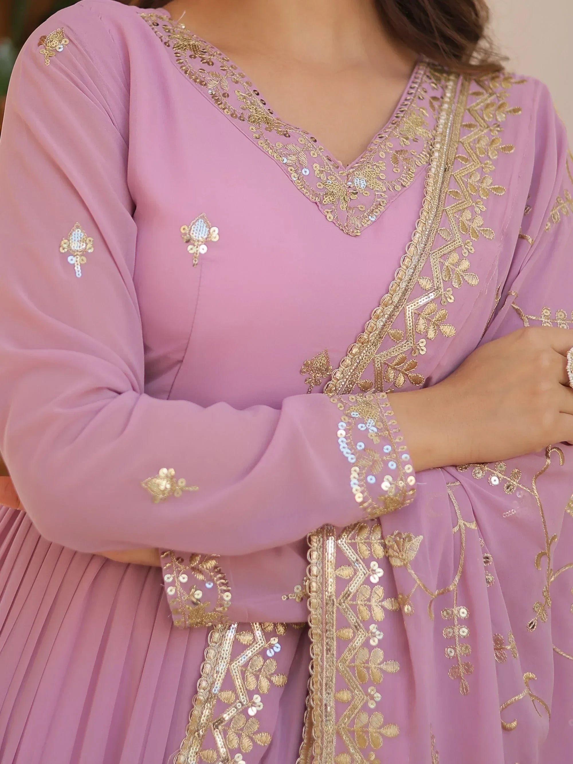 Purple Gorgeous Light Embroidered Georgette Mehendi Wear Gown