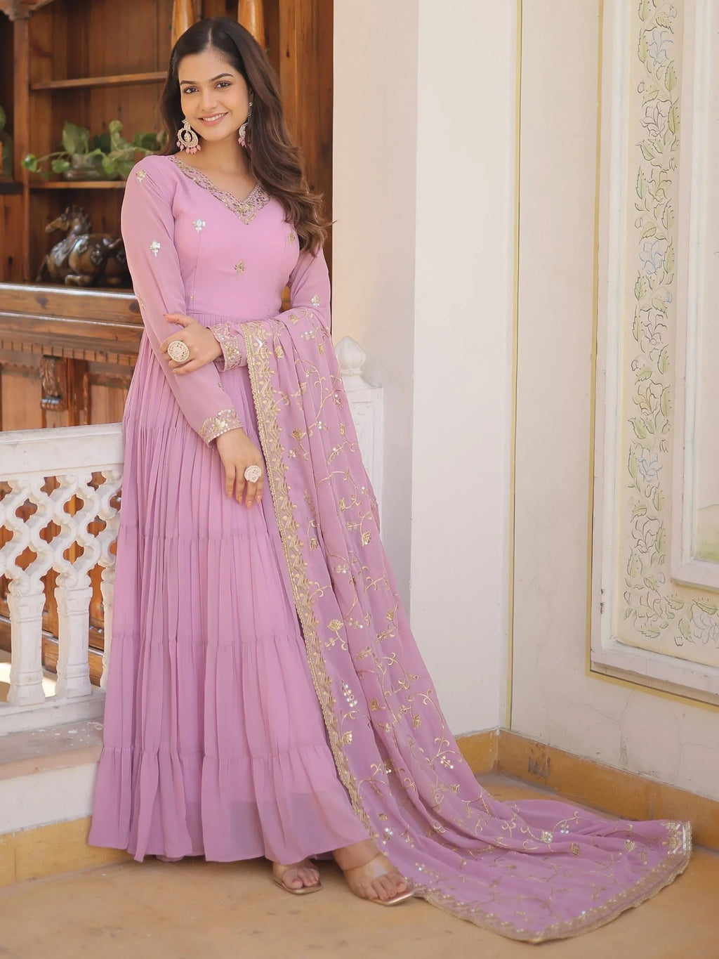Purple Gorgeous Light Embroidered Georgette Mehendi Wear Gown