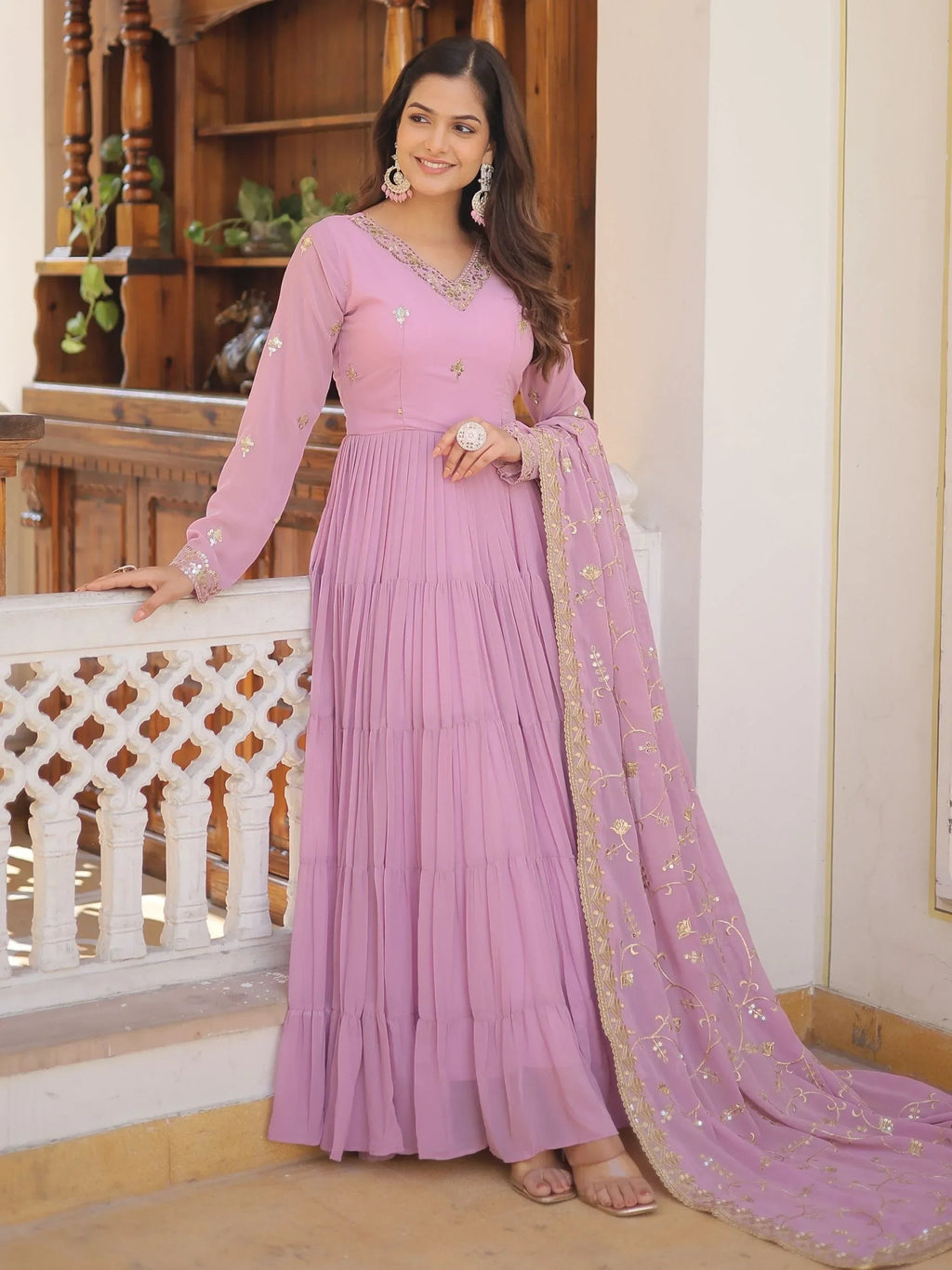 Purple Gorgeous Light Embroidered Georgette Mehendi Wear Gown