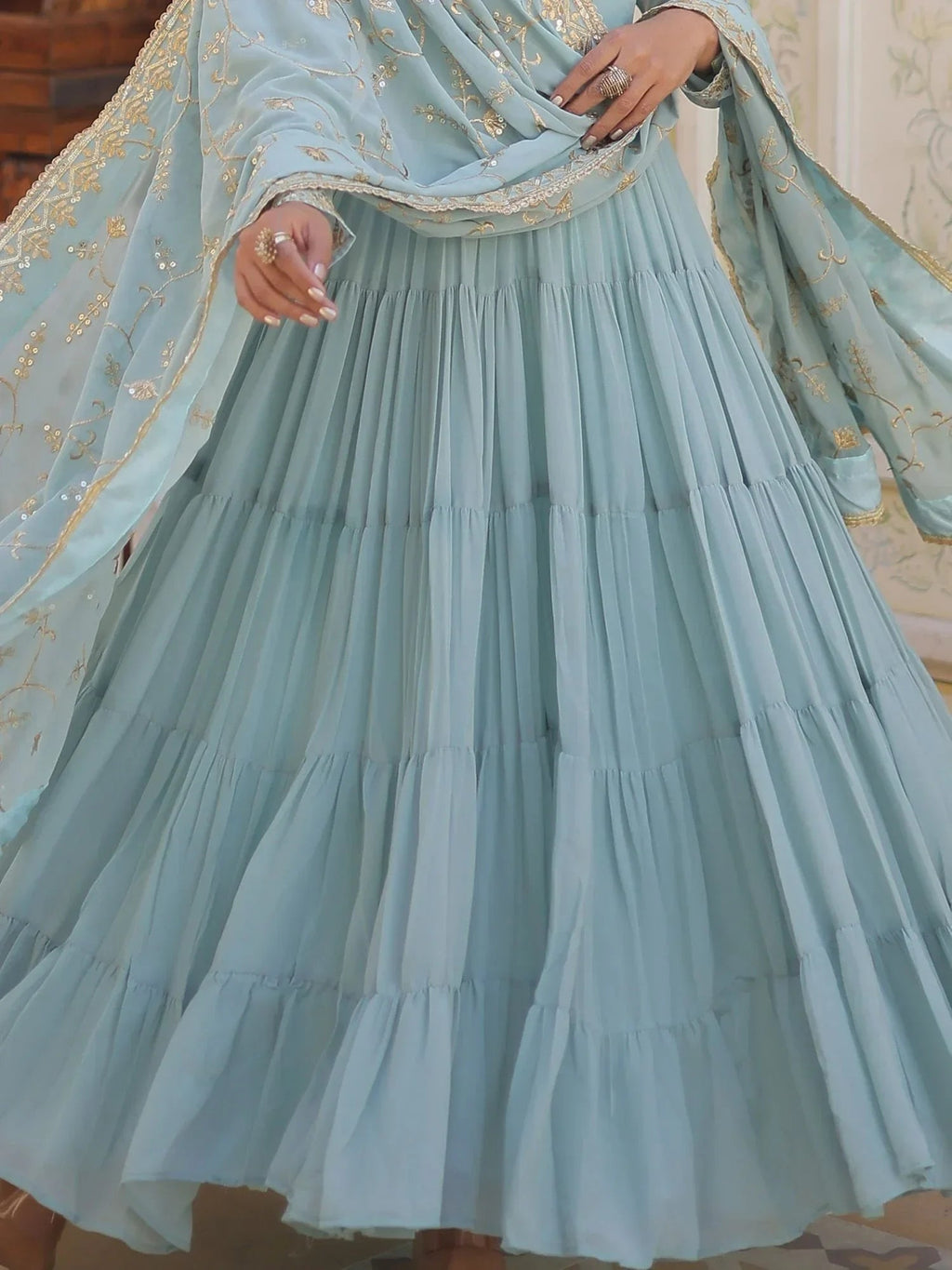 Sky Blue Gorgeous Light Embroidered Georgette Mehendi Wear Gown
