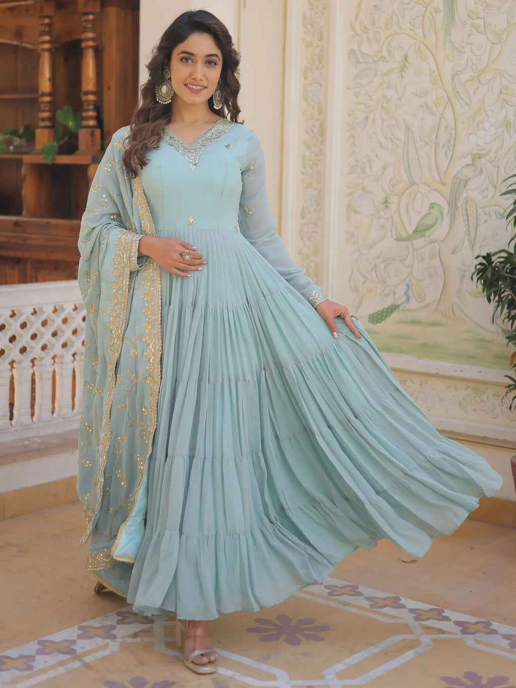 Sky Blue Gorgeous Light Embroidered Georgette Mehendi Wear Gown