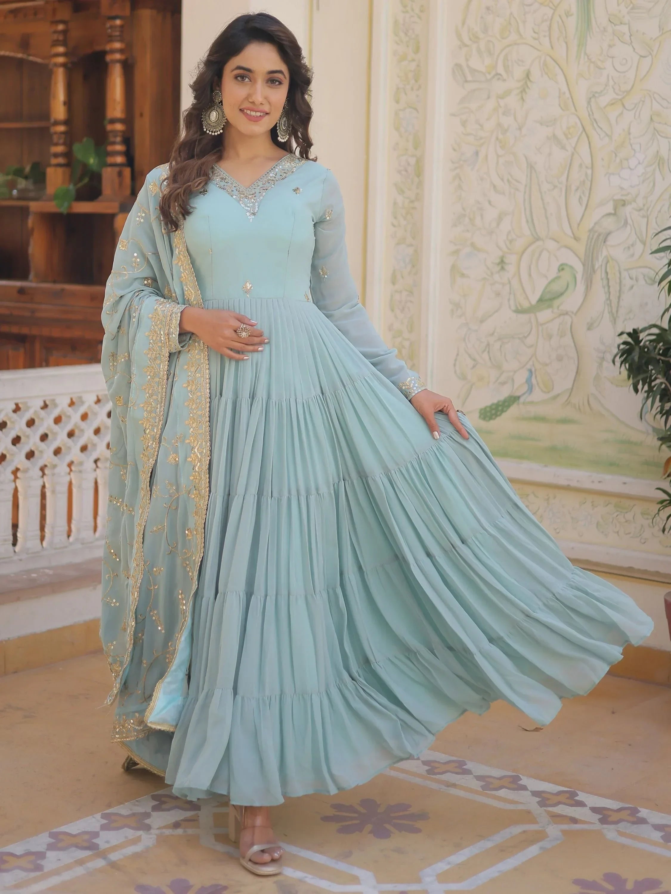 Sky Blue Gorgeous Light Embroidered Georgette Mehendi Wear Gown