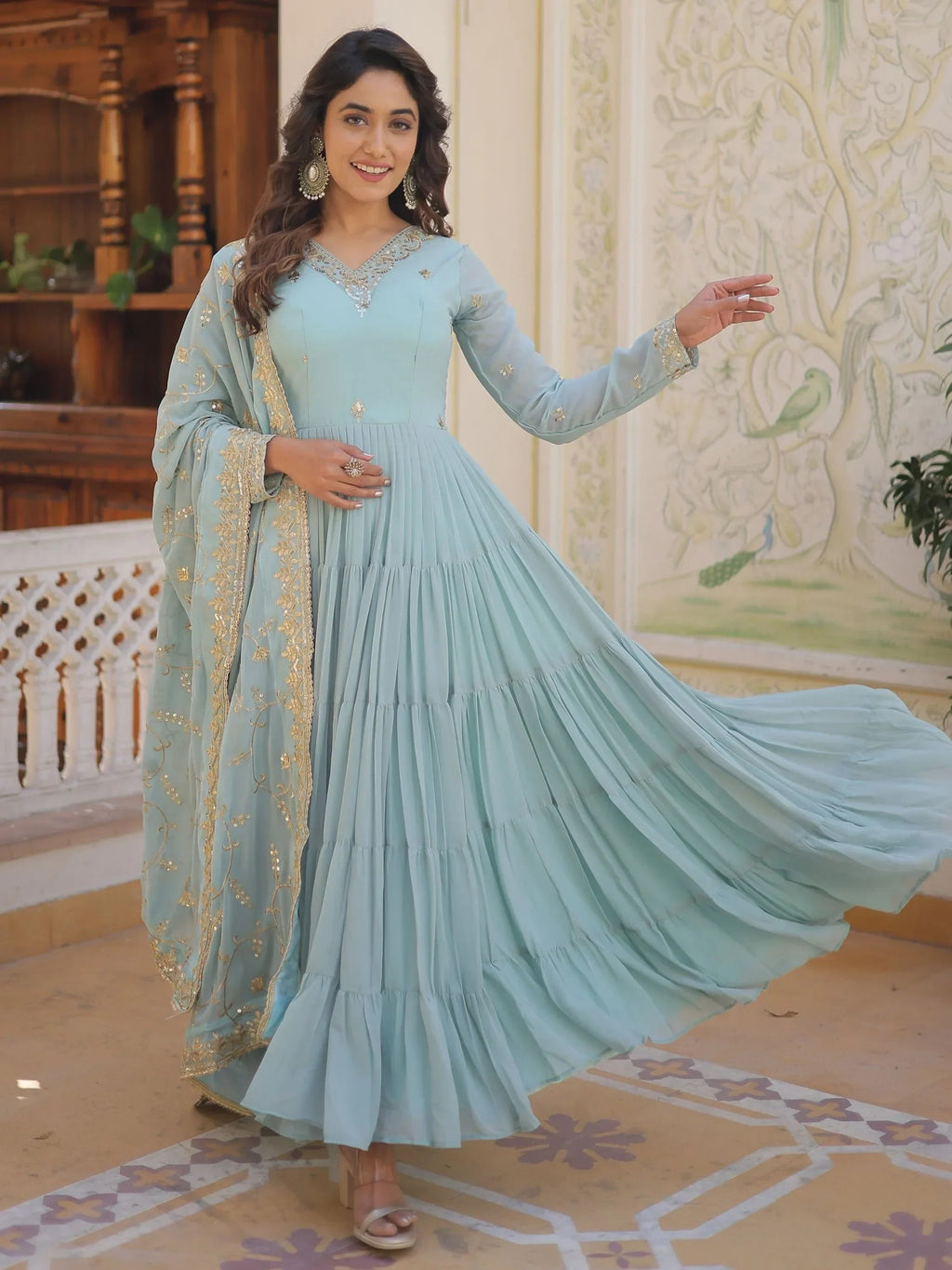 Sky Blue Gorgeous Light Embroidered Georgette Mehendi Wear Gown