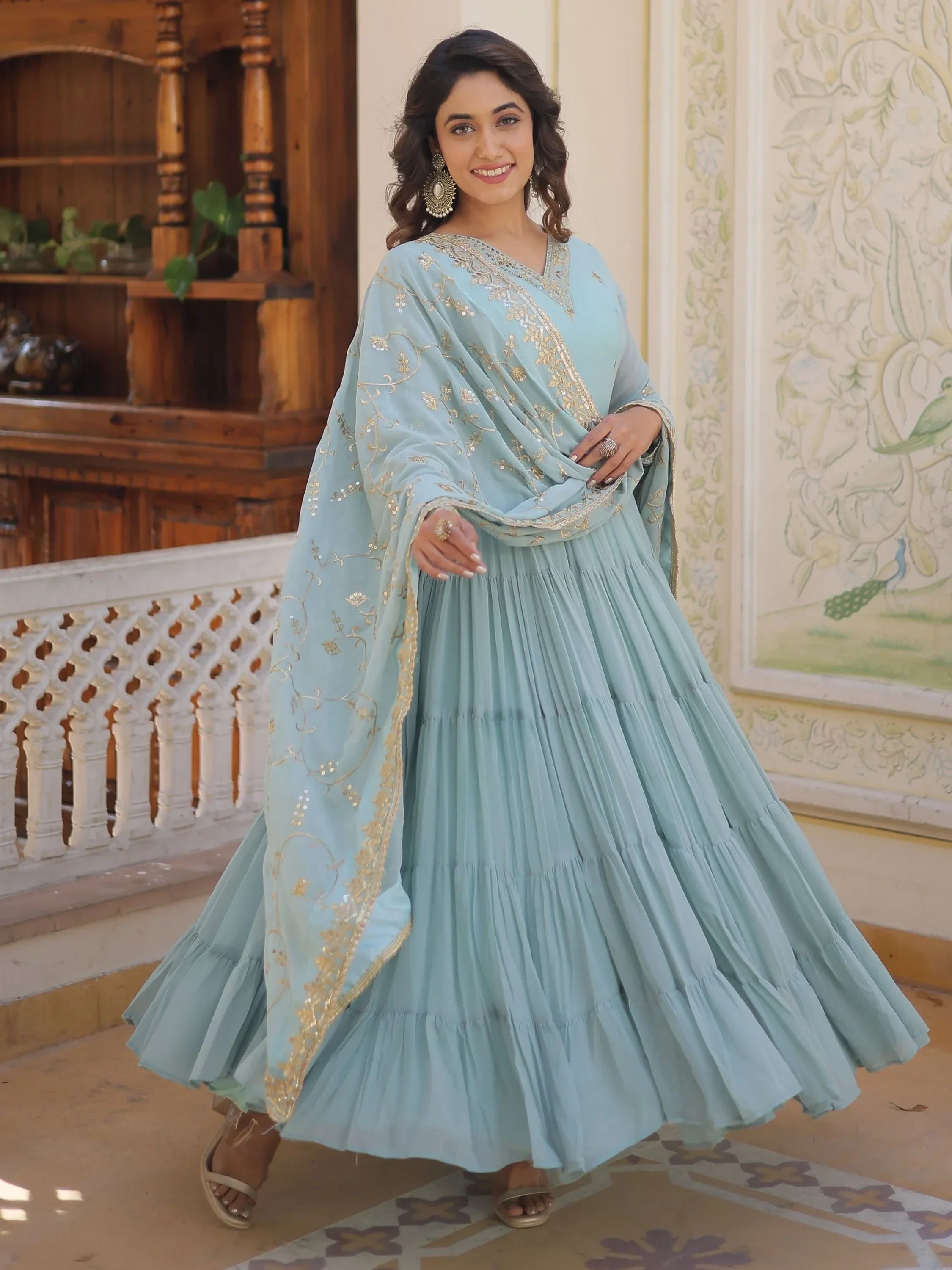 Sky Blue Gorgeous Light Embroidered Georgette Mehendi Wear Gown