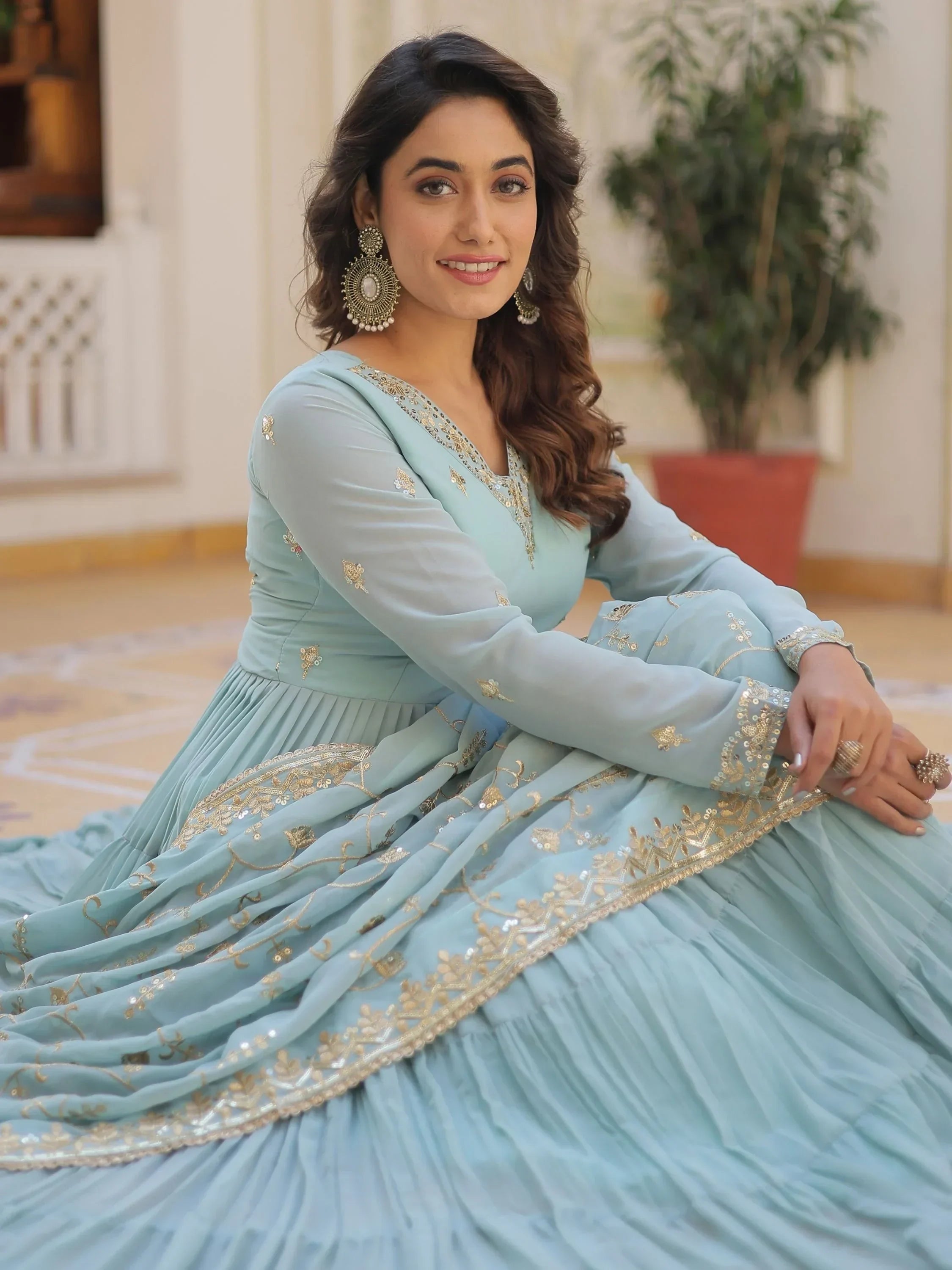 Sky Blue Gorgeous Light Embroidered Georgette Mehendi Wear Gown