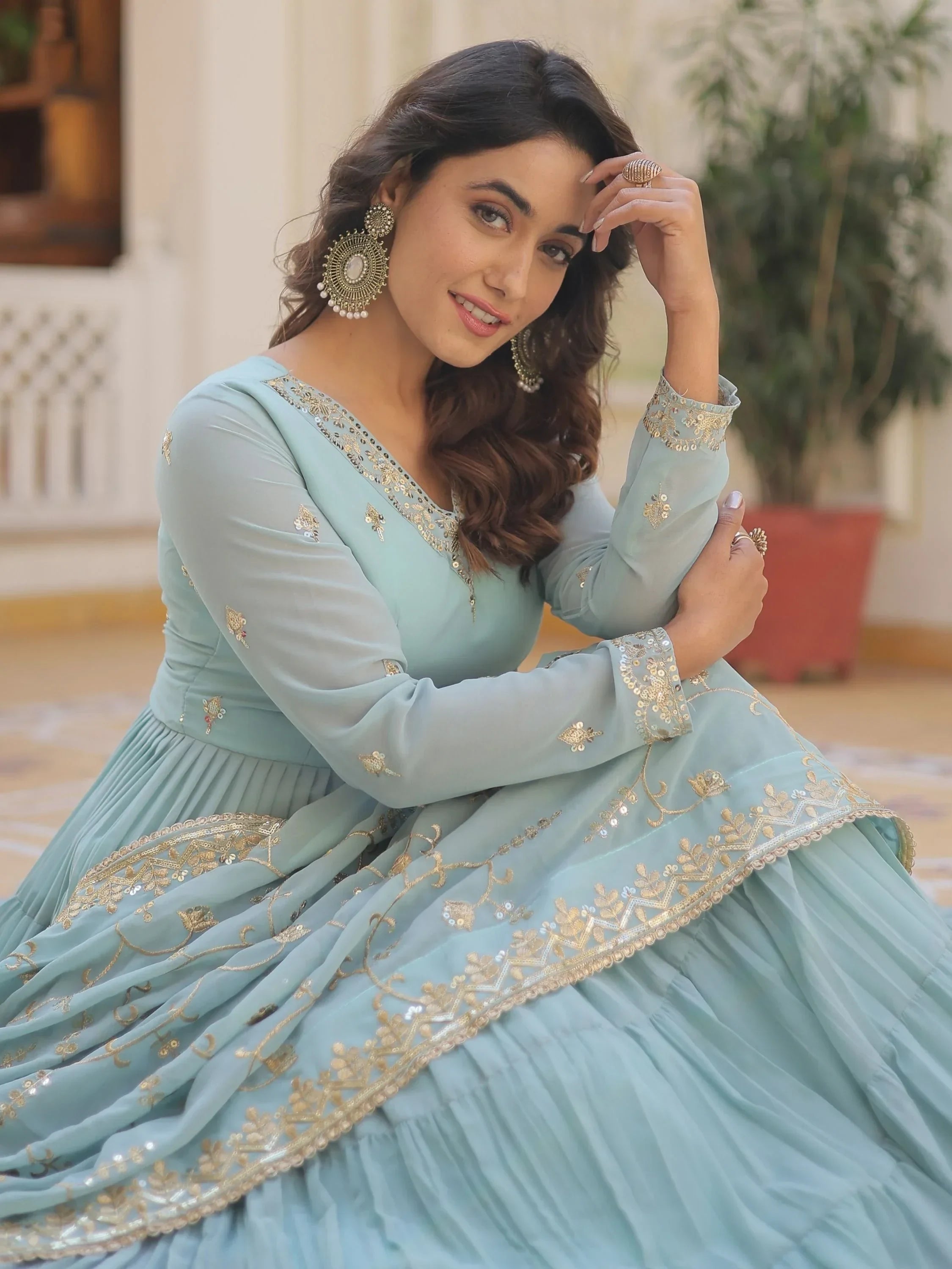Sky Blue Gorgeous Light Embroidered Georgette Mehendi Wear Gown