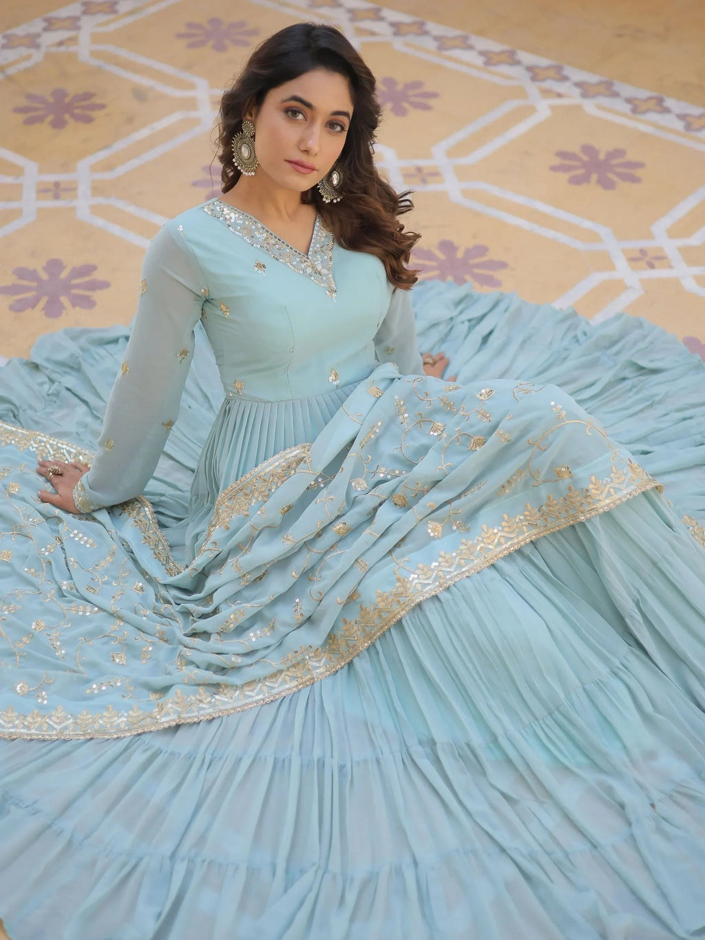 Sky Blue Gorgeous Light Embroidered Georgette Mehendi Wear Gown