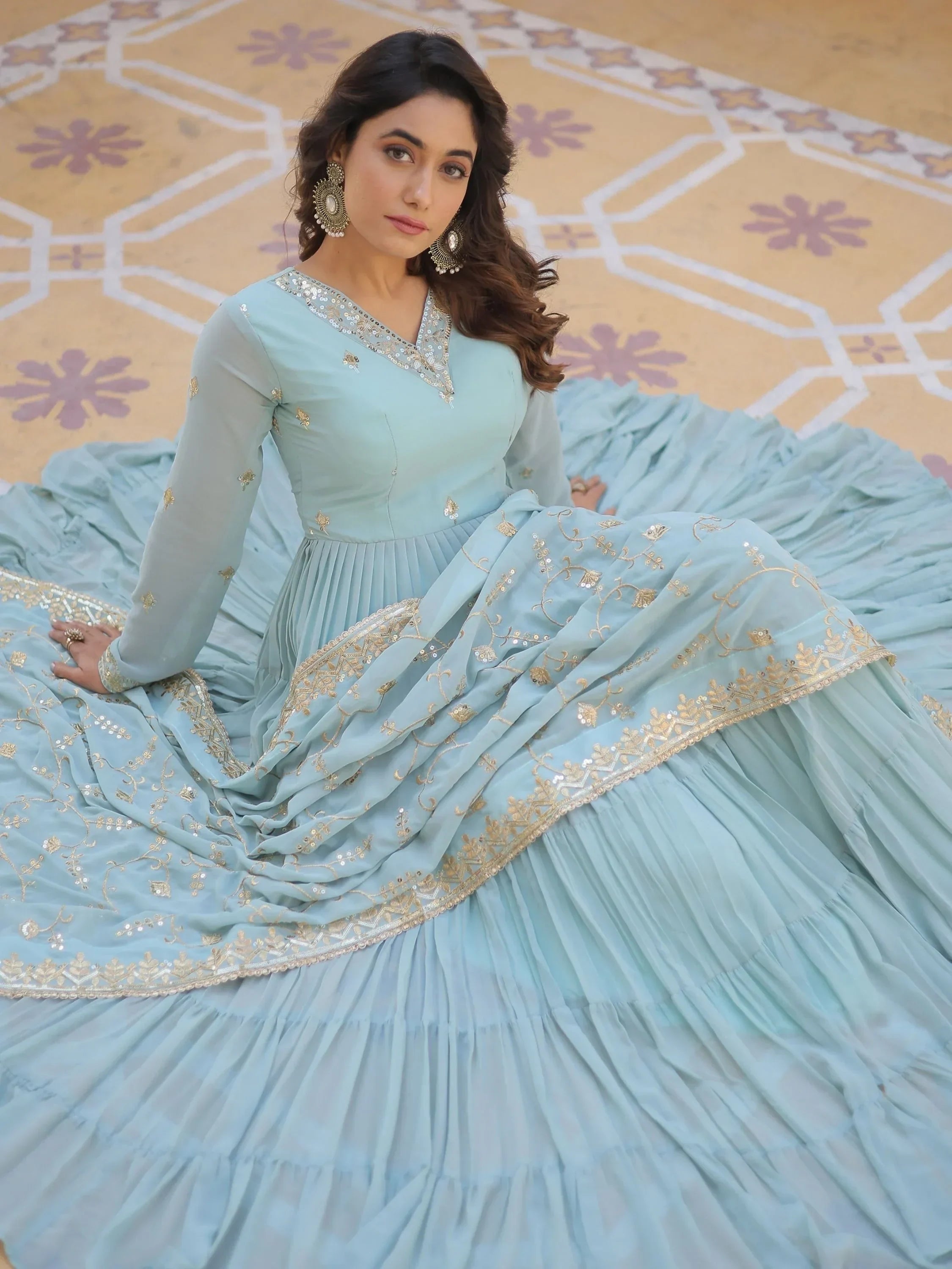 Sky Blue Gorgeous Light Embroidered Georgette Mehendi Wear Gown