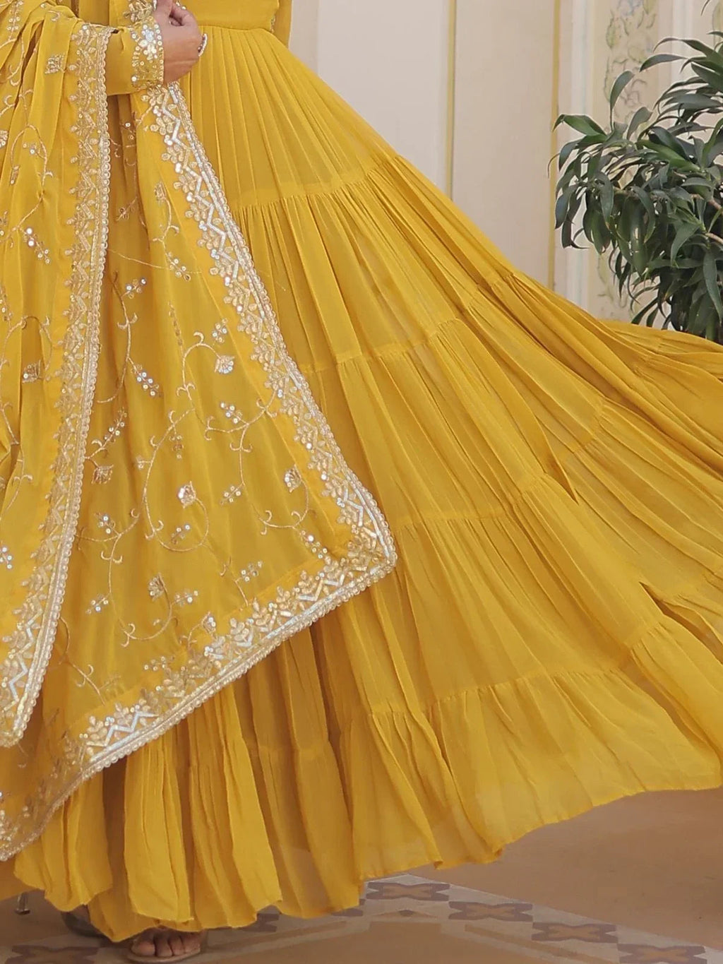 Yellow Gorgeous Light Embroidered Georgette Mehendi Wear Gown