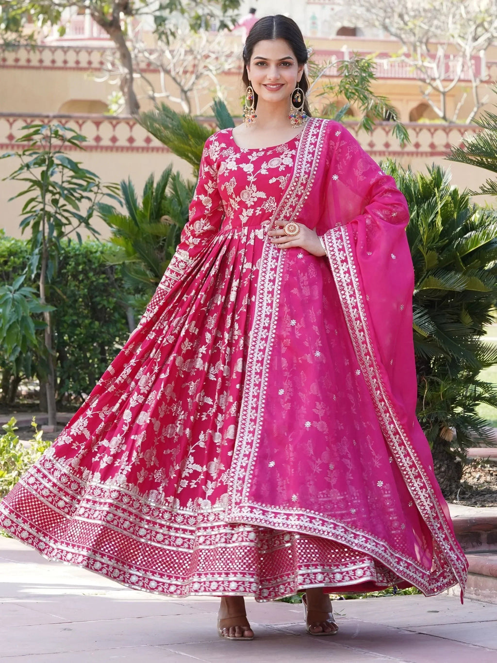 Pink Magnetic Embroidered Jacquard Function Wear Gown With Dupatta