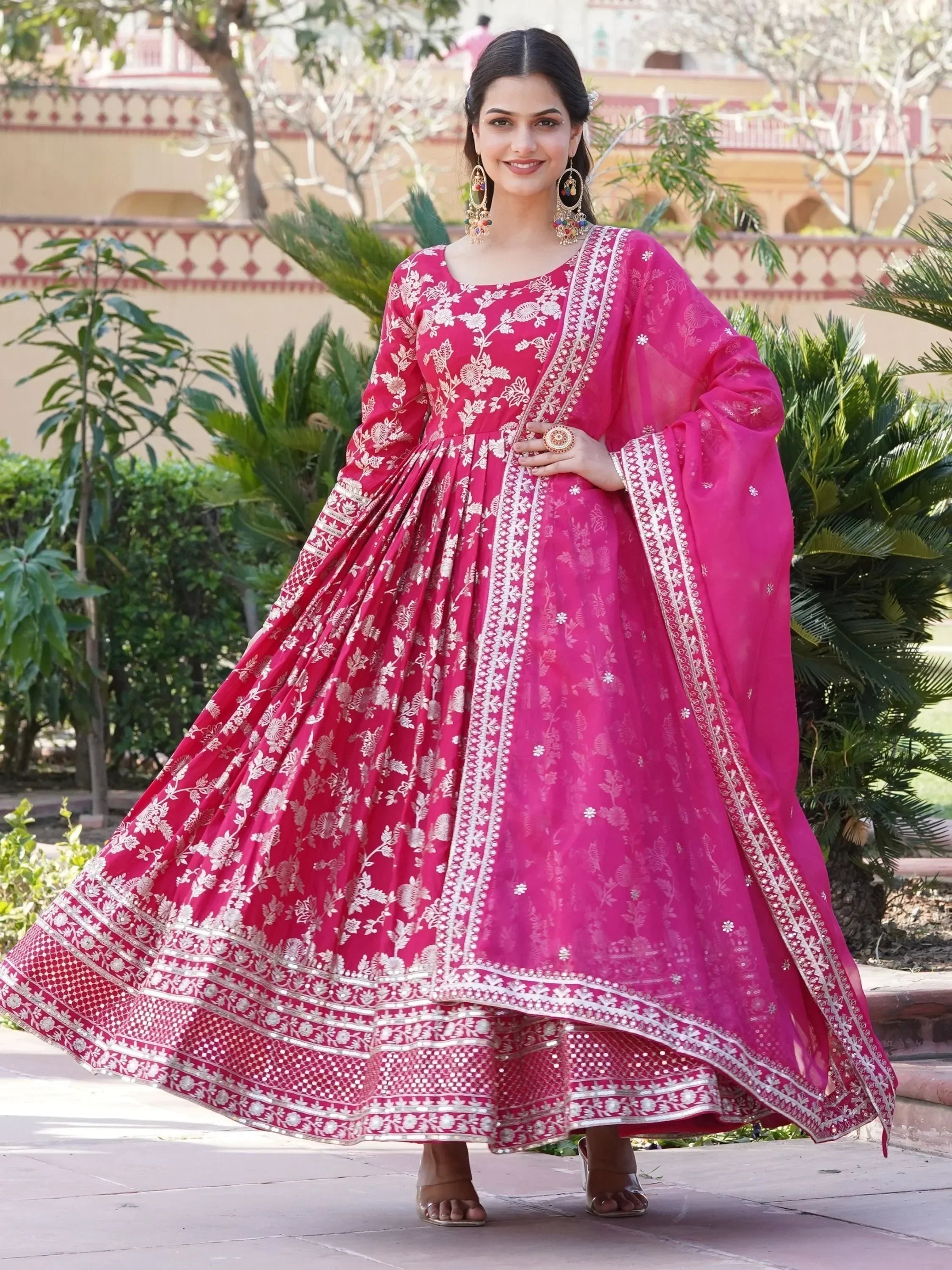 Pink Magnetic Embroidered Jacquard Function Wear Gown With Dupatta