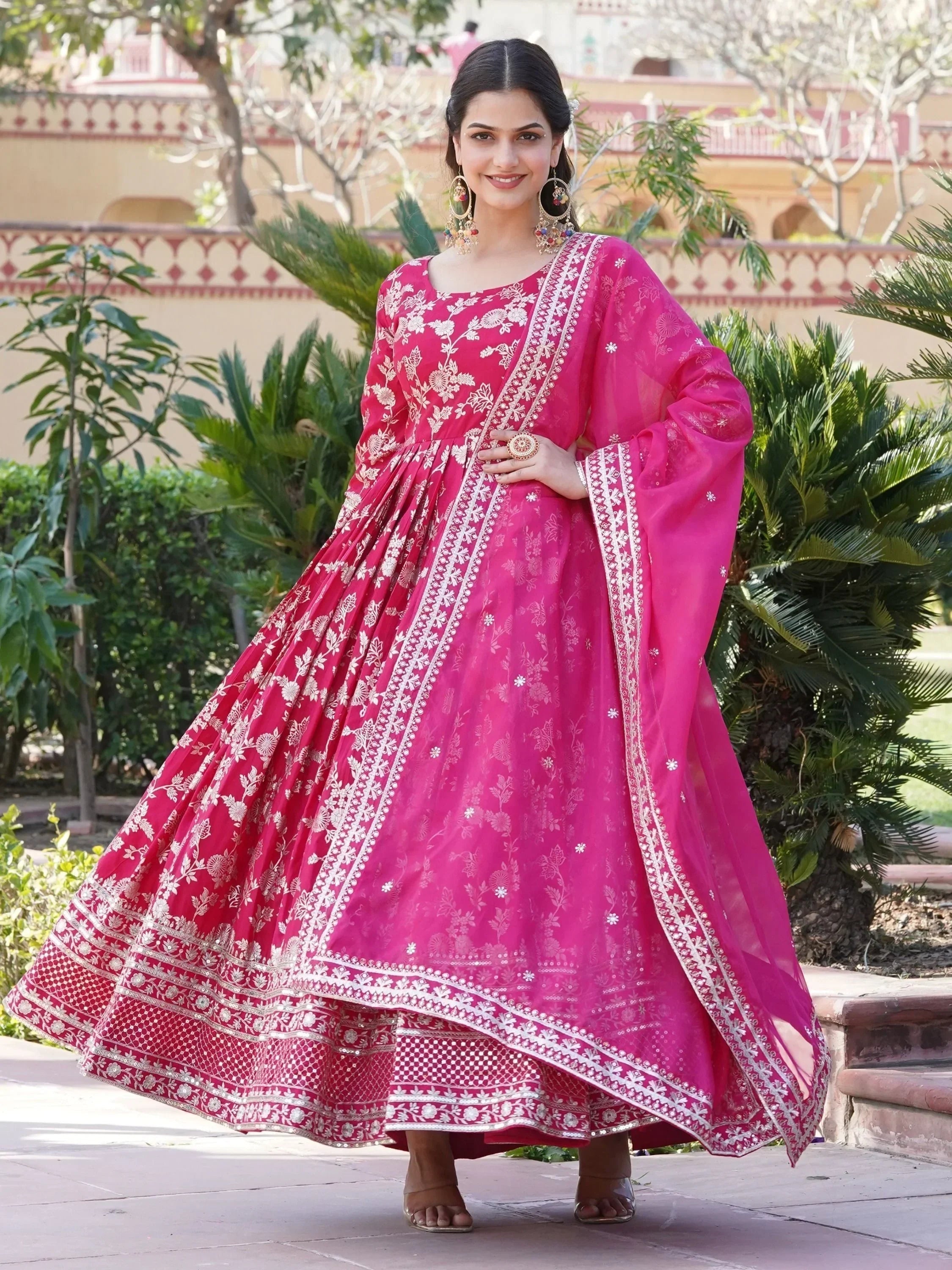 Pink Magnetic Embroidered Jacquard Function Wear Gown With Dupatta