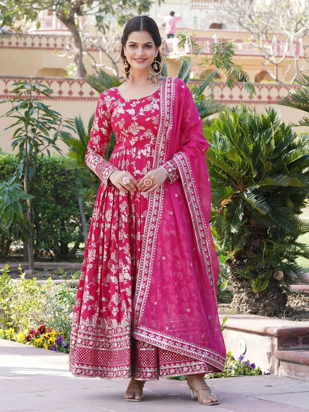 Pink Magnetic Embroidered Jacquard Function Wear Gown With Dupatta