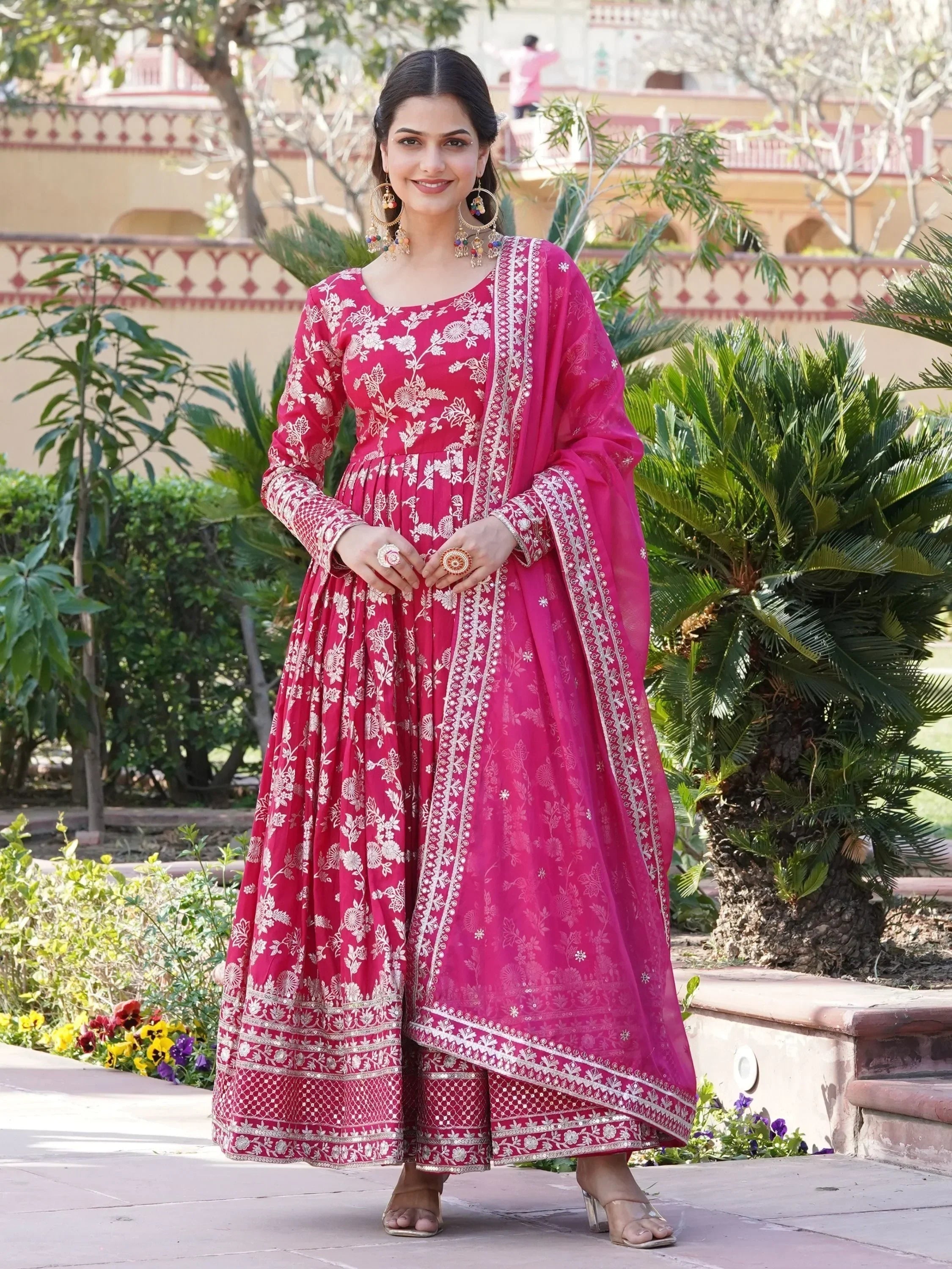 Pink Magnetic Embroidered Jacquard Function Wear Gown With Dupatta