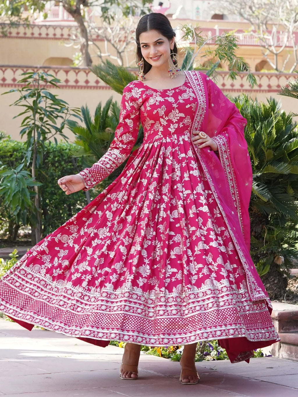 Pink Magnetic Embroidered Jacquard Function Wear Gown With Dupatta