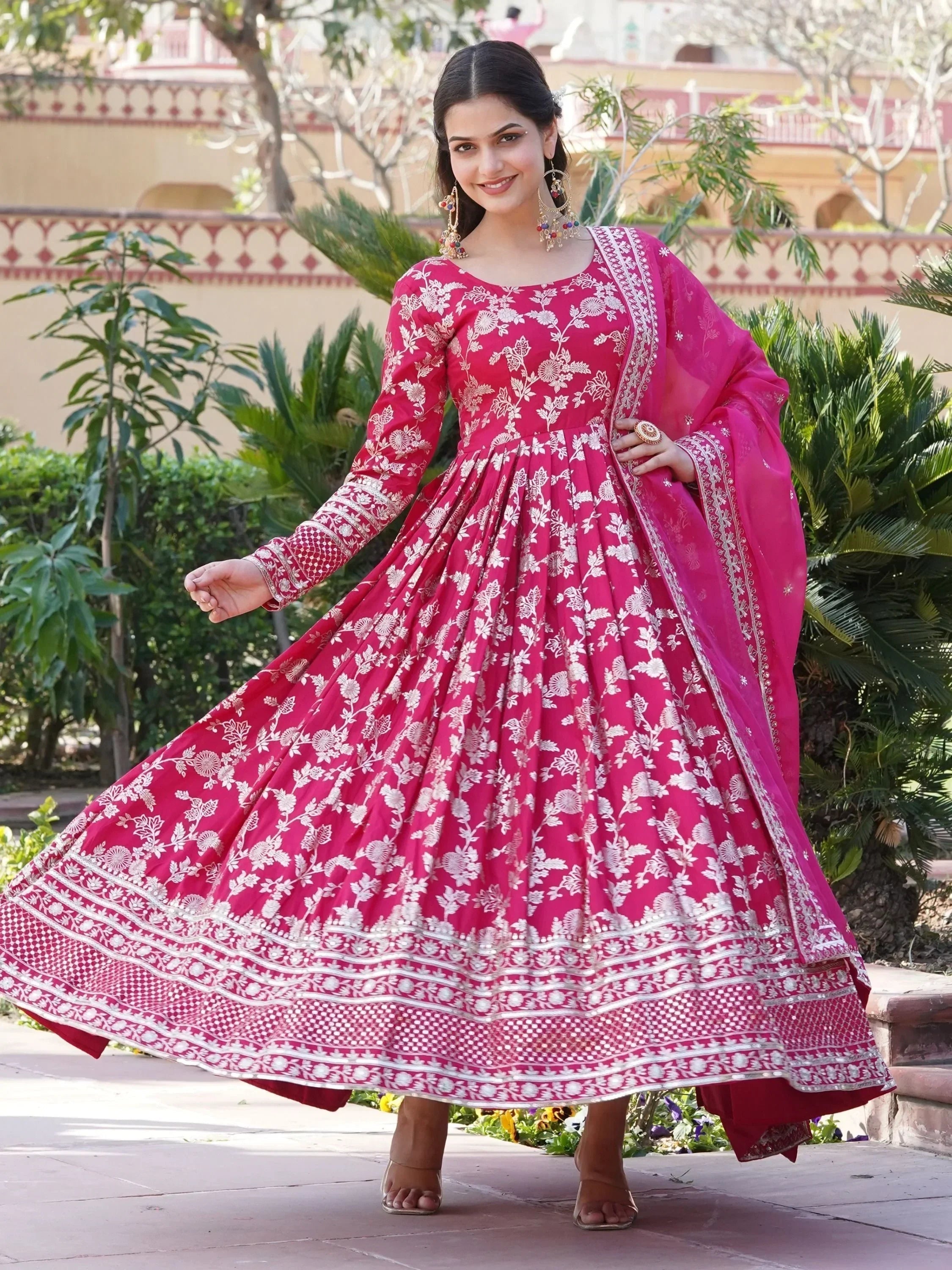 Pink Magnetic Embroidered Jacquard Function Wear Gown With Dupatta
