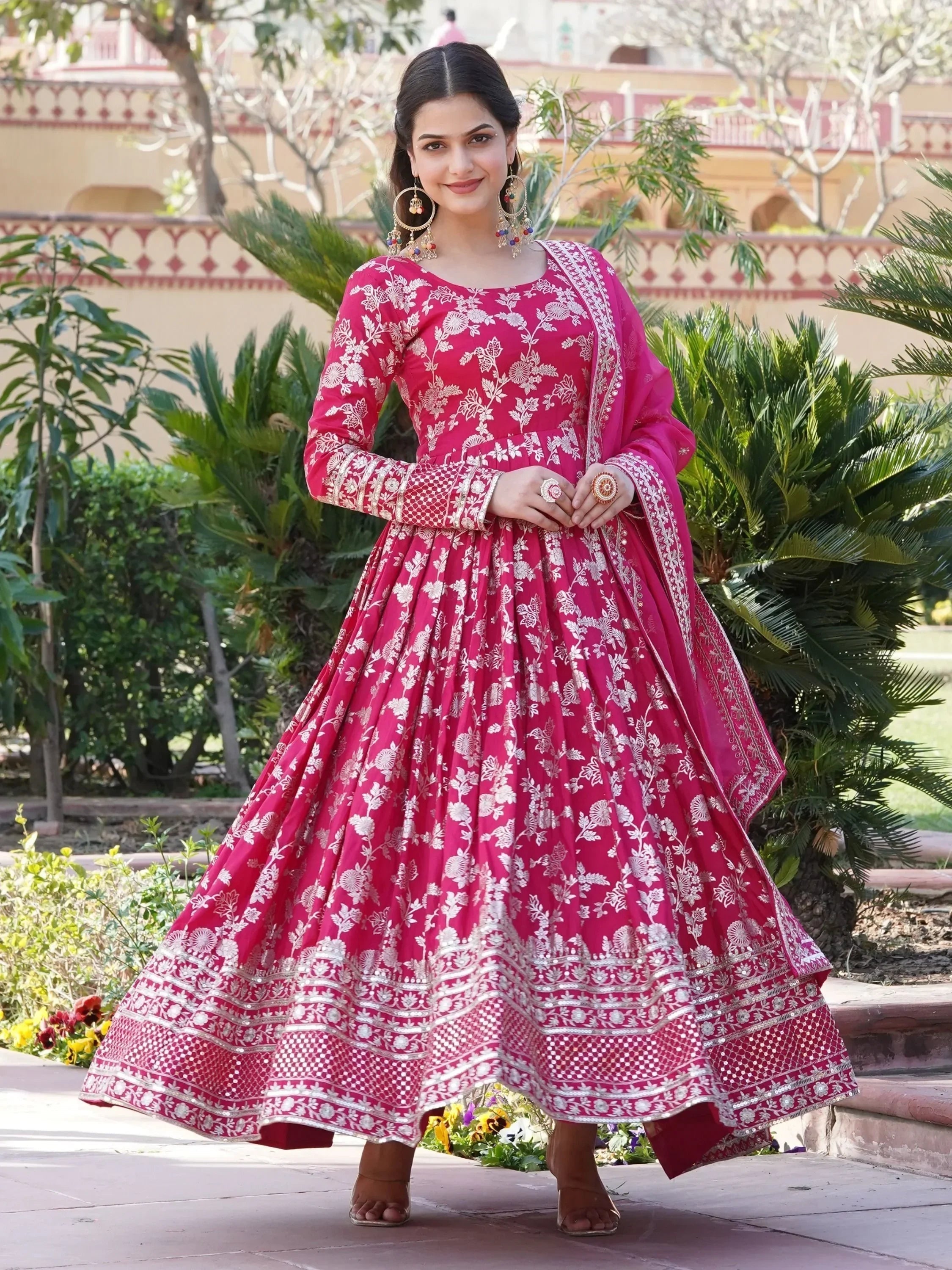 Pink Magnetic Embroidered Jacquard Function Wear Gown With Dupatta