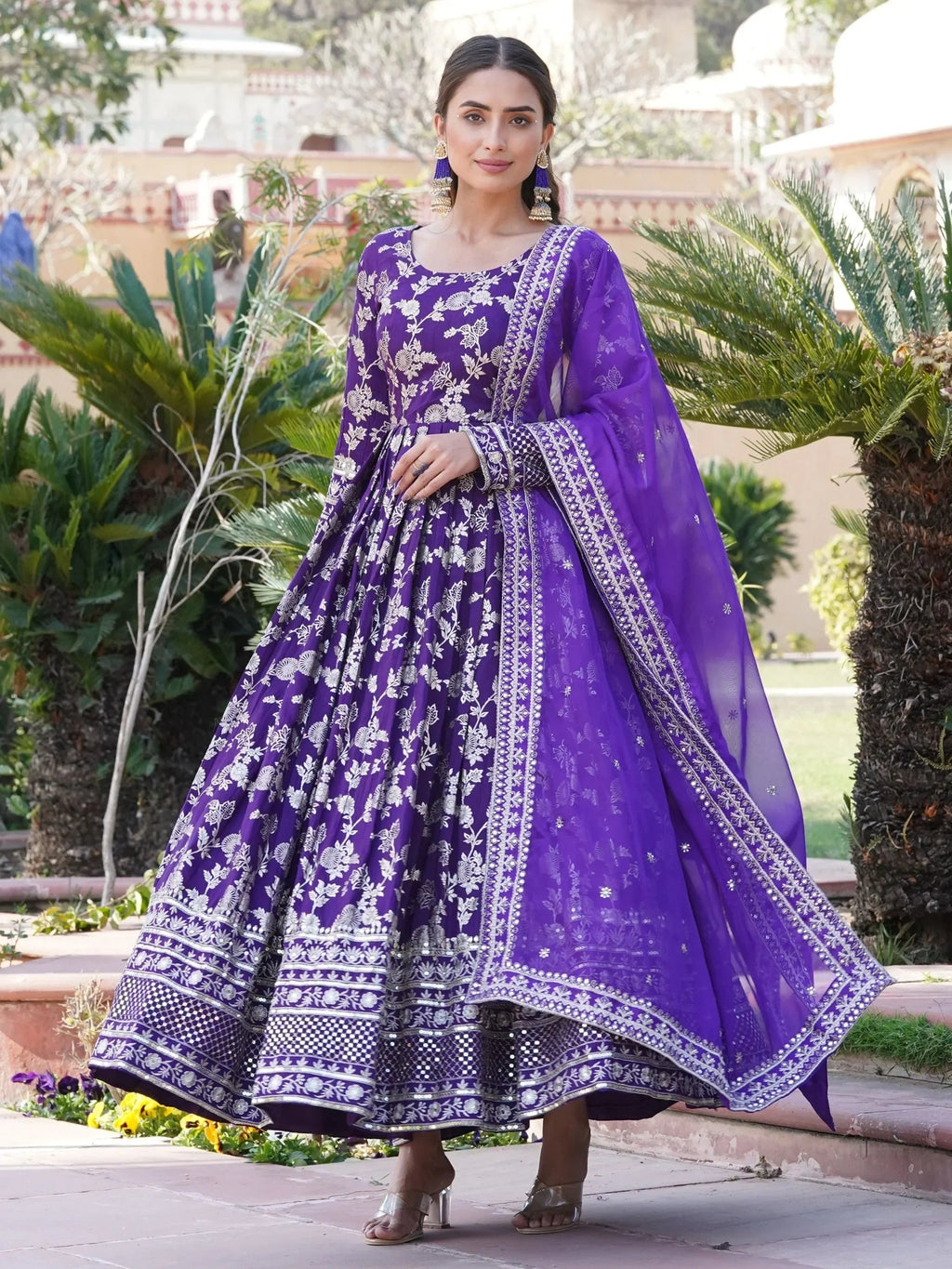 Purple Magnetic Embroidered Jacquard Function Wear Gown With Dupatta