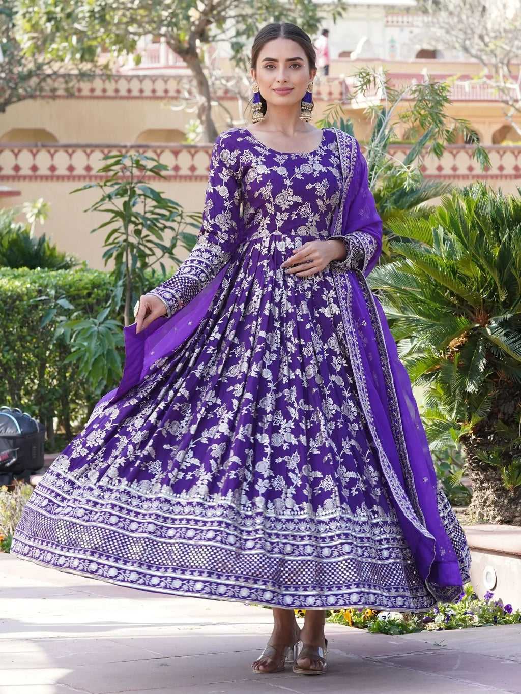 Purple Magnetic Embroidered Jacquard Function Wear Gown With Dupatta
