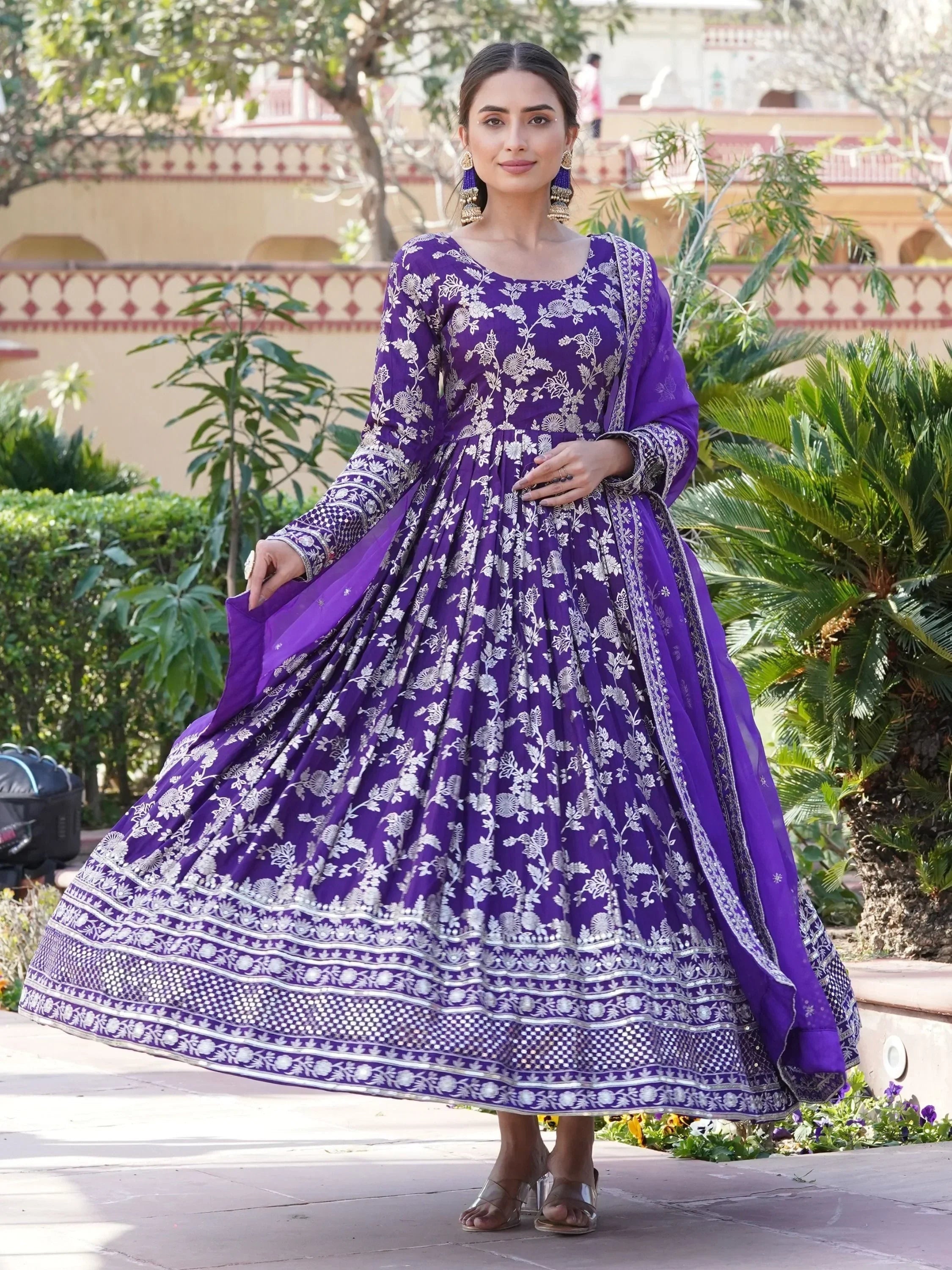 Purple Magnetic Embroidered Jacquard Function Wear Gown With Dupatta